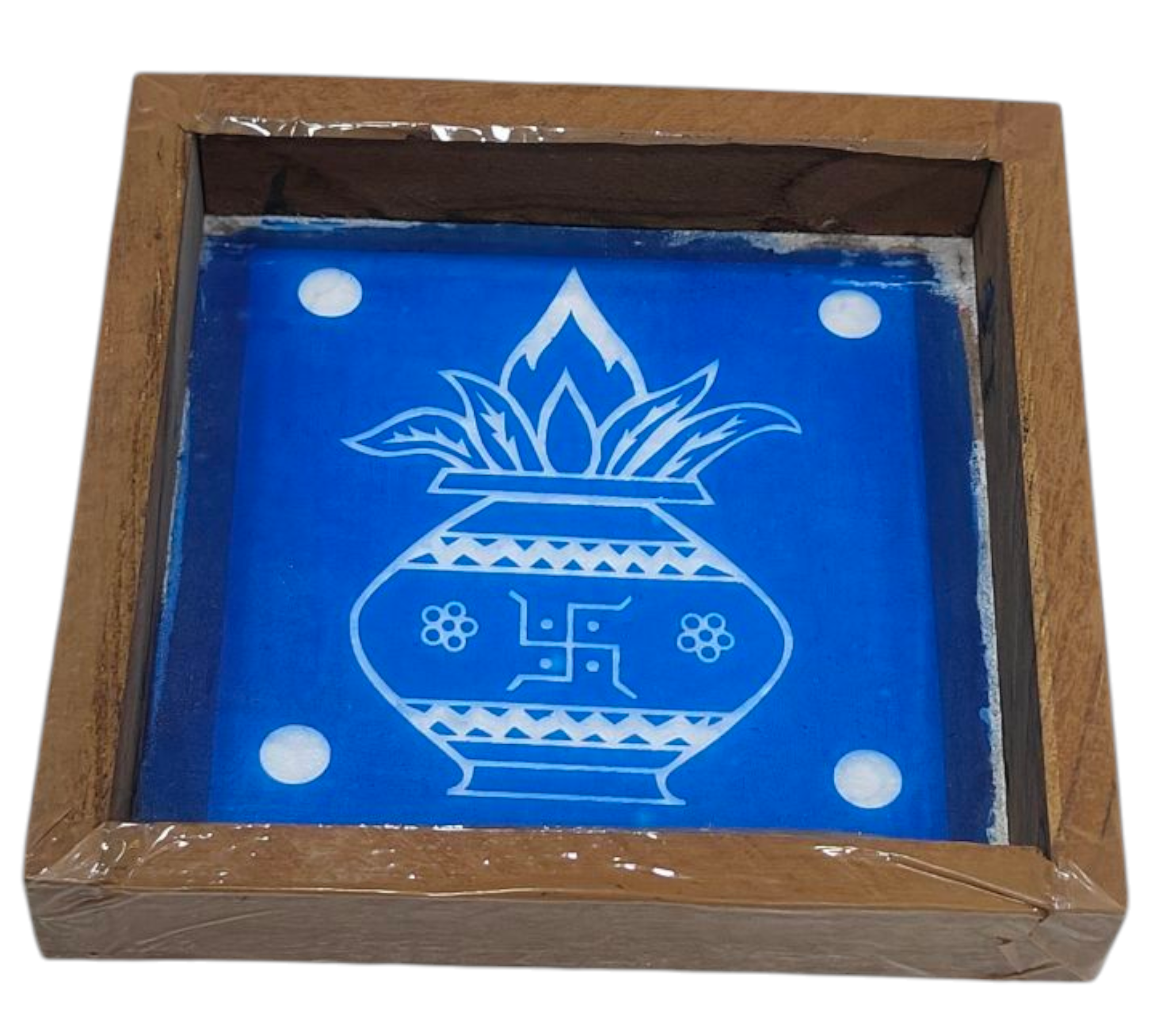 Square Wooden Frame Holy Swasthik Kalash design Rangoli Stencil – size 5 inches ஸ்வஸ்திக் கலச கும்பம் கோலம்
