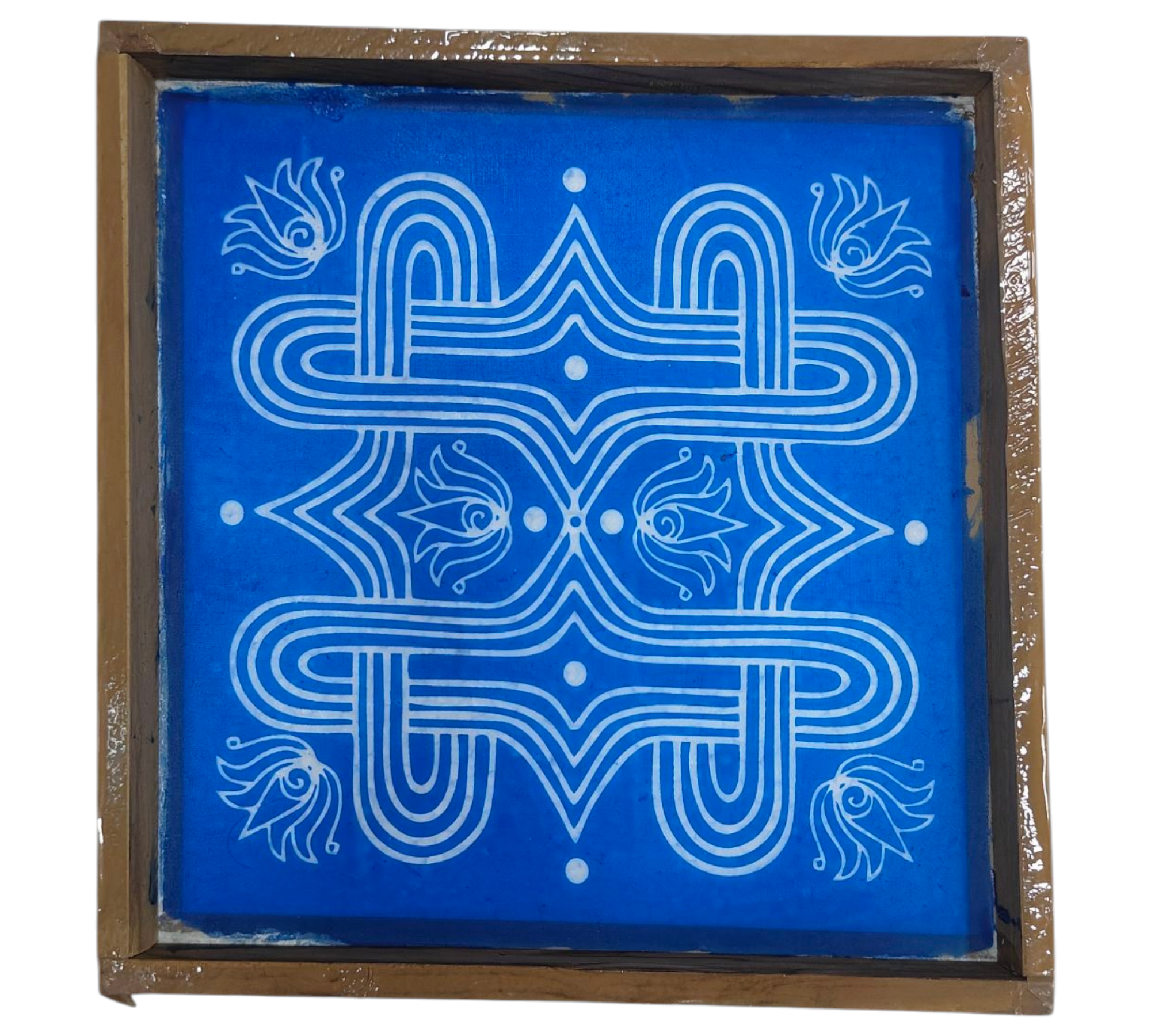 Square Wooden Frame Traditional Kambi Izhai Maa Kolam design Rangoli Stencil – size 7 inches மா இழை கோலம்