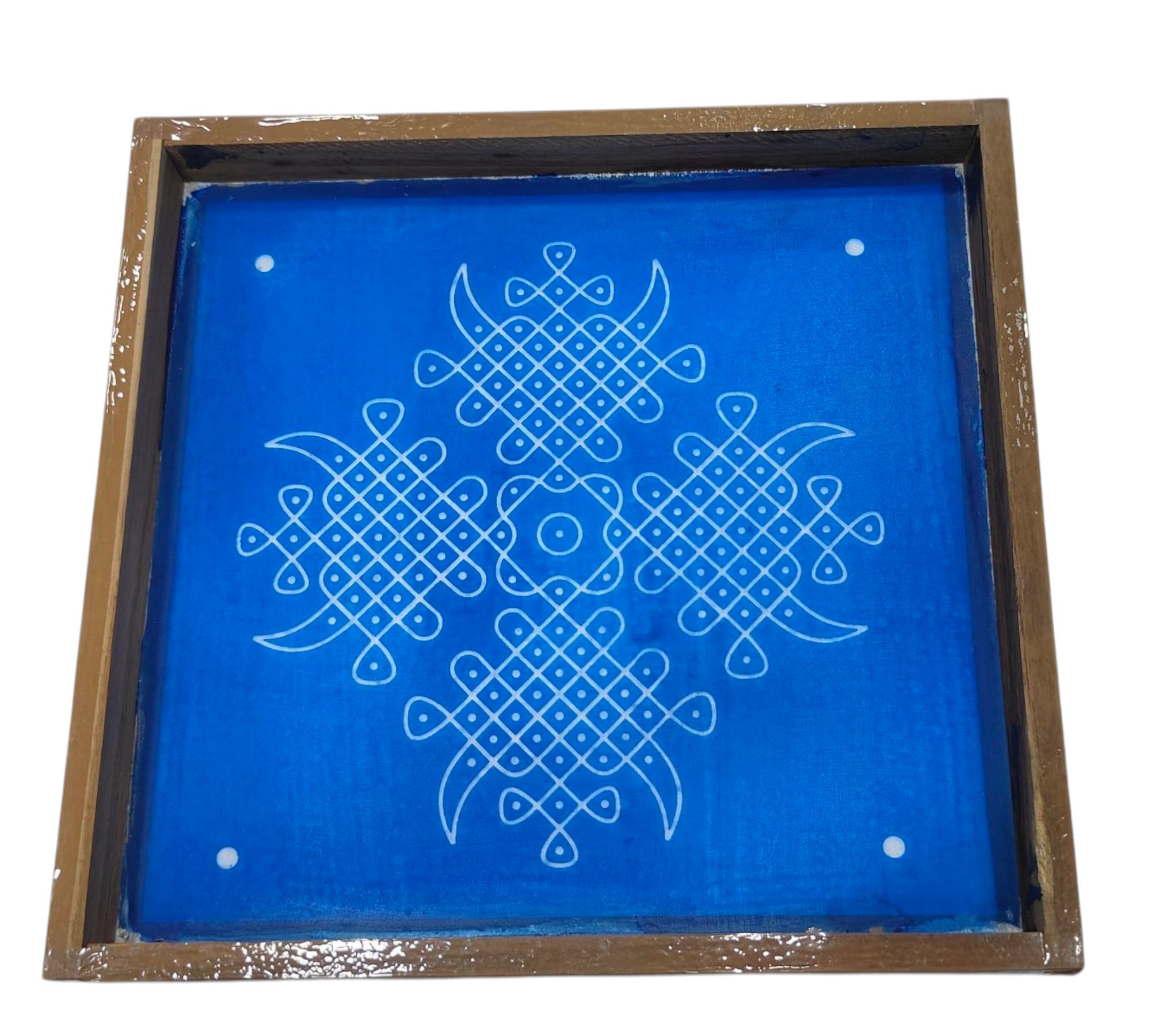 Square Wooden Frame traditional 4 sides Suzhi Kolam Pattern Rangoli/Kolam design reusable Stencil – size 7 inches சுழி கோலம்