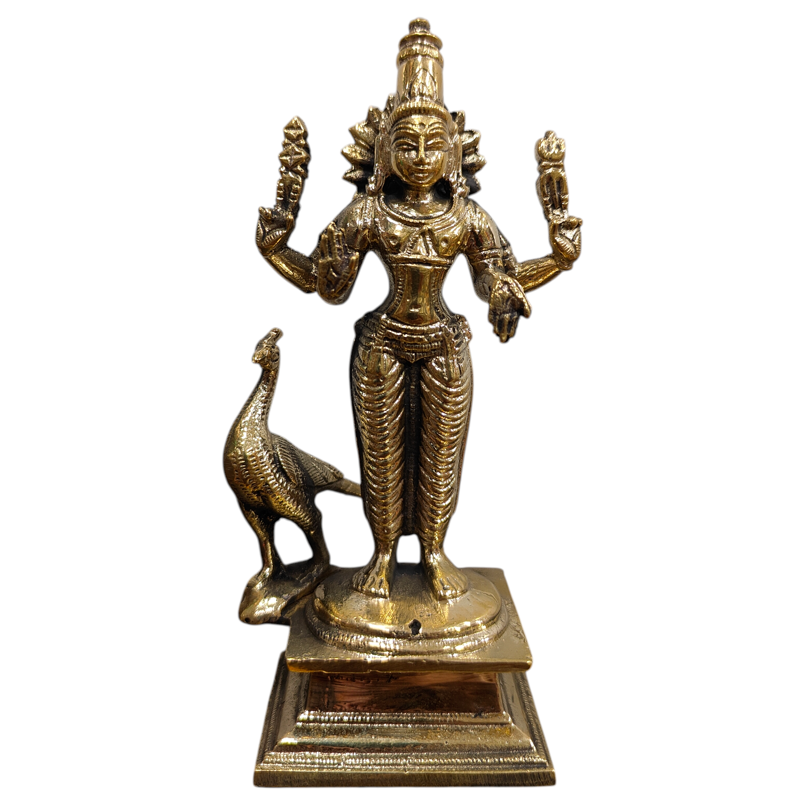 Mayil Murugan Statue with Valli & Deivanai in Brass antique Size 5 Inch for Pooja & Home Temple Worship -  South Indian Masterpiece