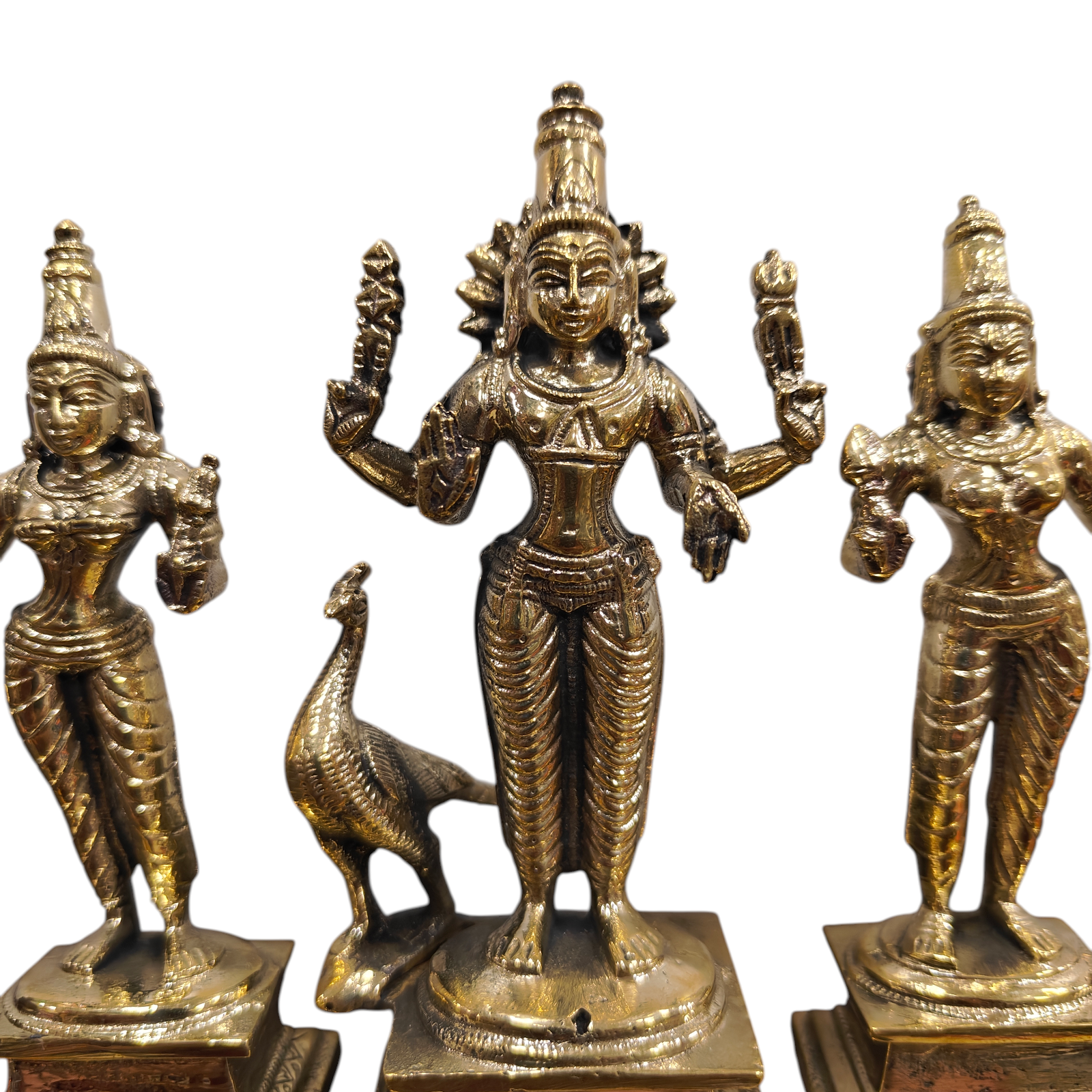 Mayil Murugan Statue with Valli & Deivanai in Brass antique Size 5 Inch for Pooja & Home Temple Worship -  South Indian Masterpiece