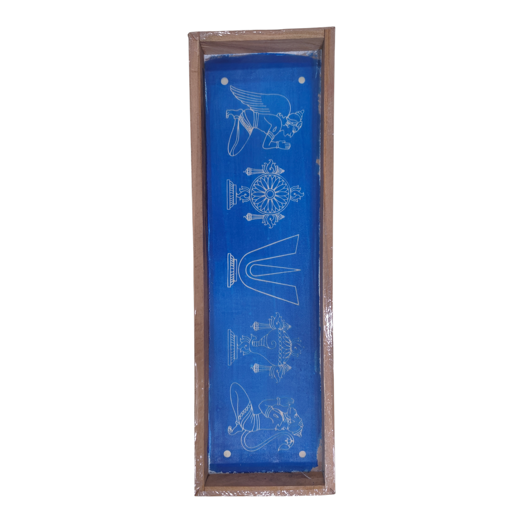 Rectangular Wooden Frame Vadakalai Thirumankappu Shankh & Chakra design Rangoli Stencil – size  17 × 5 inches, வடகலை  நாமம் சங்கு சக்கரம் கோலம்
