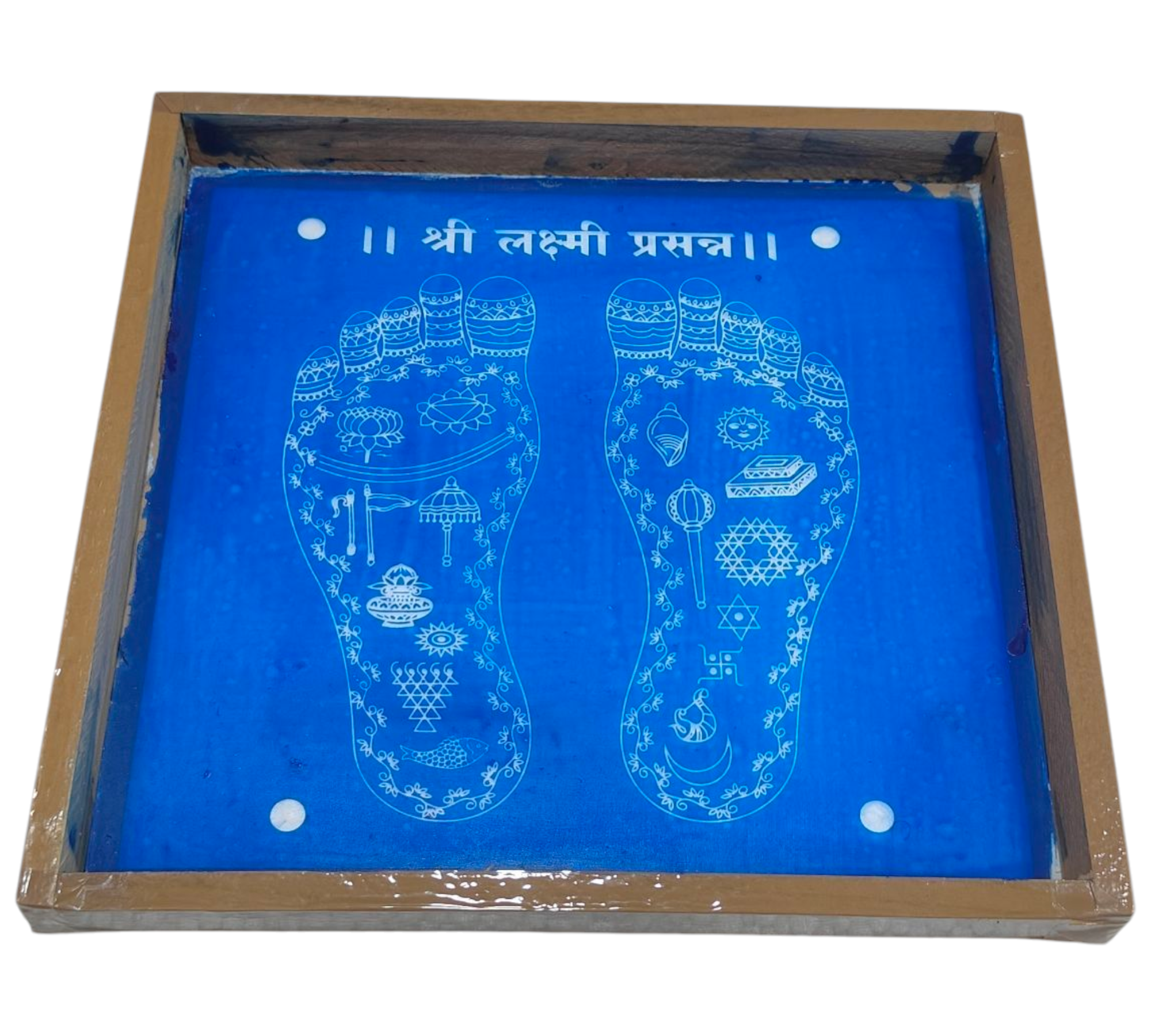 Square Wooden Frame Sri Lakshmi Matha Holy Charan Padhukas design Rangoli/Kolam reusable Stencil – size 7 inches ஸ்ரீ மகாலட்சுமி திருவடி கோலம்