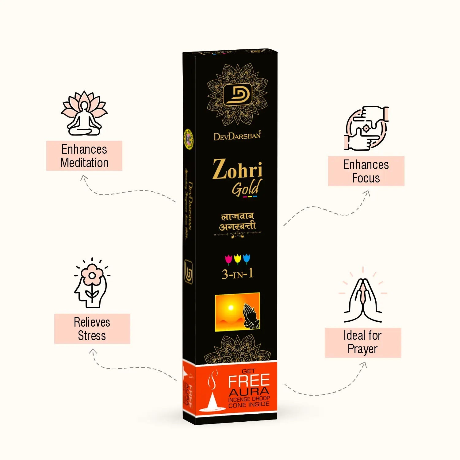 DevDarshan Zohri Gold 3 in 1 Lajawab Incense Sticks - unmatched aroma for Pooja & Celebration