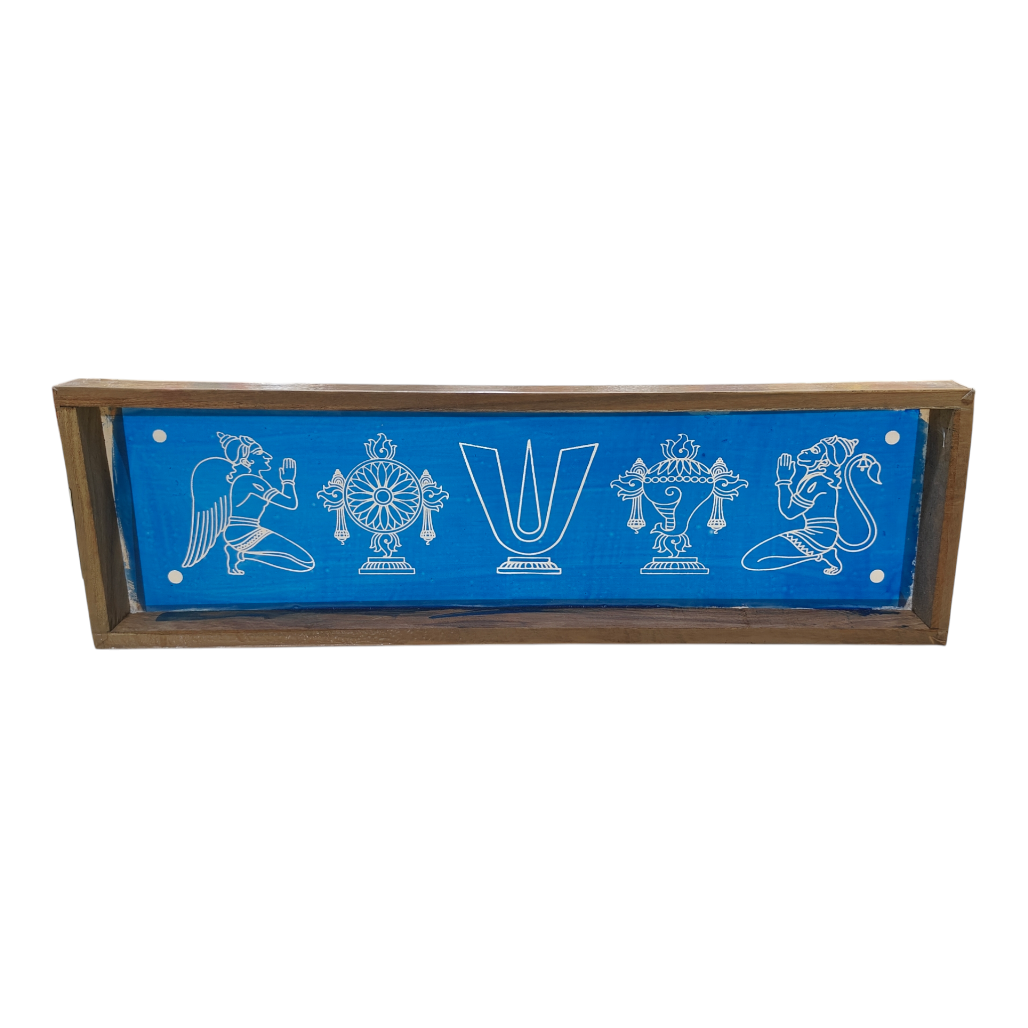 Rectangular Wooden Frame Vadakalai Thirumankappu Shankh & Chakra design Rangoli Stencil – size  17 × 5 inches, வடகலை  நாமம் சங்கு சக்கரம் கோலம்