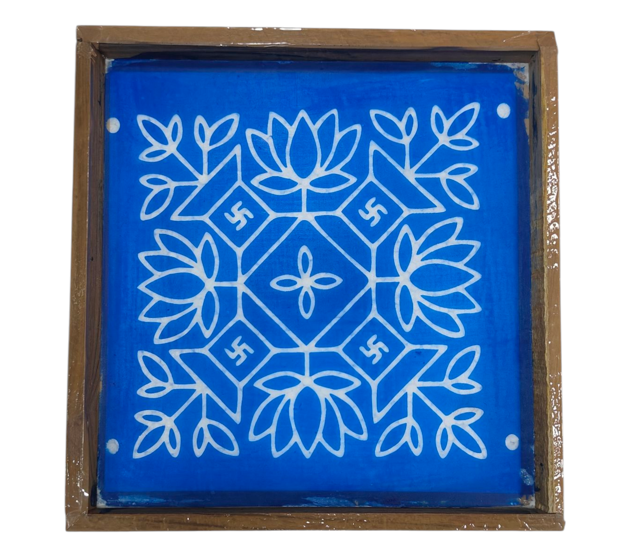 Square Wooden Frame Kamal Thulsi Pot Pattern Rangoli/Kolam design reusable Stencil – size 7 inches துளசி தாமரை கோலம்