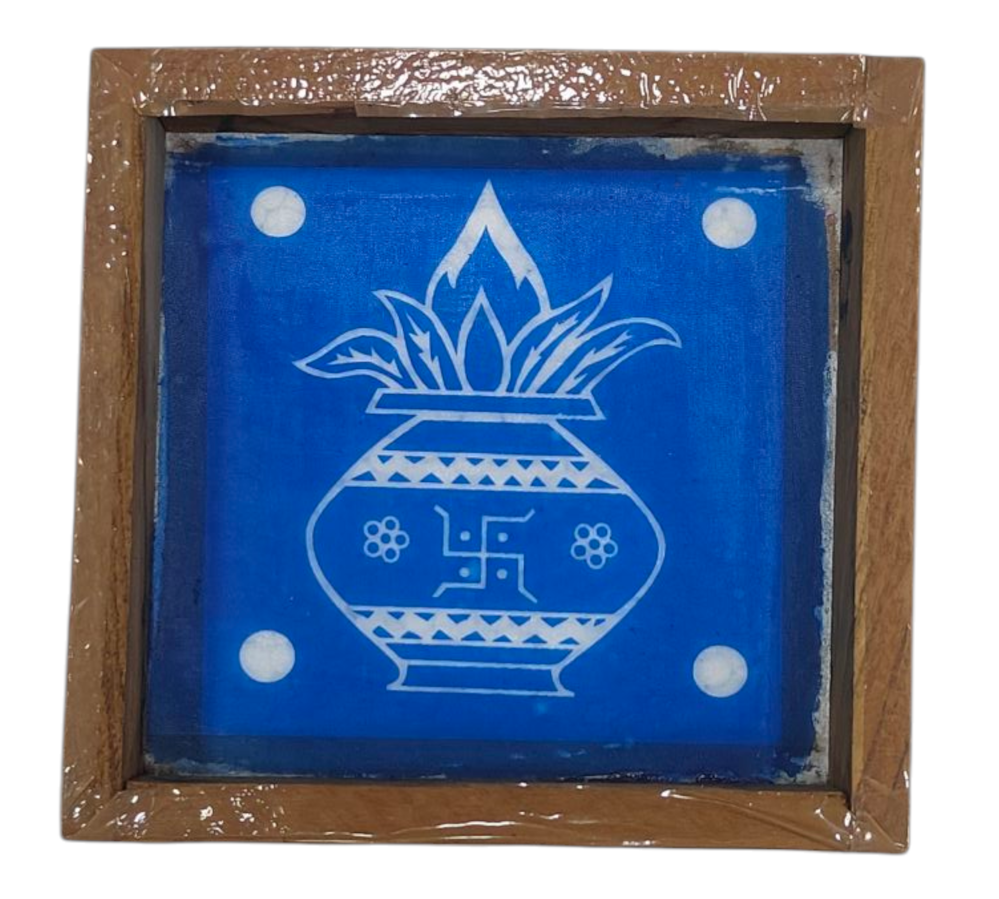 Square Wooden Frame Holy Swasthik Kalash design Rangoli Stencil – size 5 inches ஸ்வஸ்திக் கலச கும்பம் கோலம்