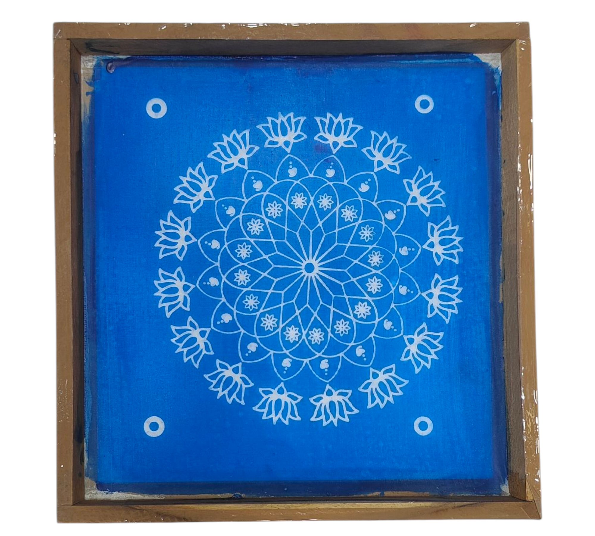 Square Wooden Frame Lotus round Pattern Rangoli/Kolam design reusable Stencil – size 10 inches