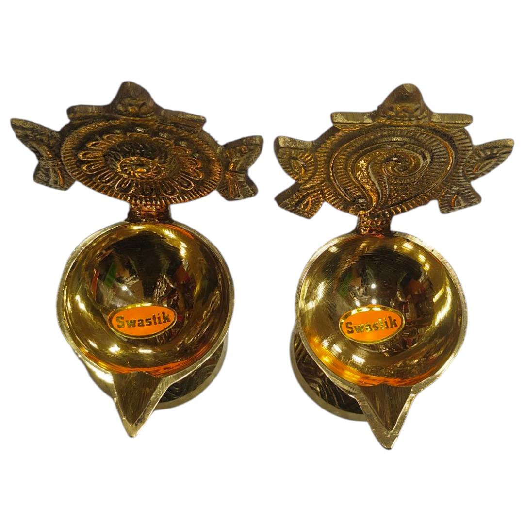Sanghu Chakra Oval Deep Brass Deepak set size 4.8 inches - Pooja Worship & Excellant Wedding Gift-
