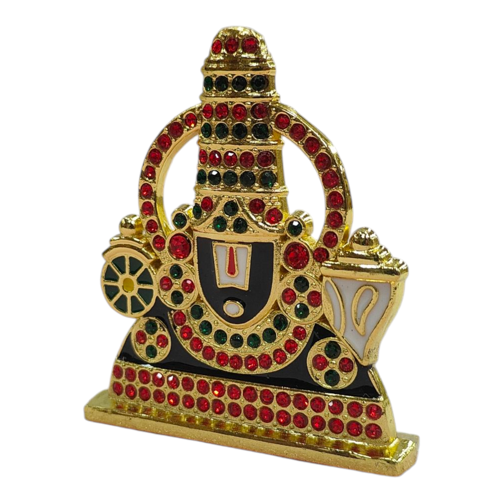 Prabhai Srinivasa Perumal Green & Red Stones Studded with Sankhu and Chakra Car Dashboard Tabletop Stand 2.5 inches