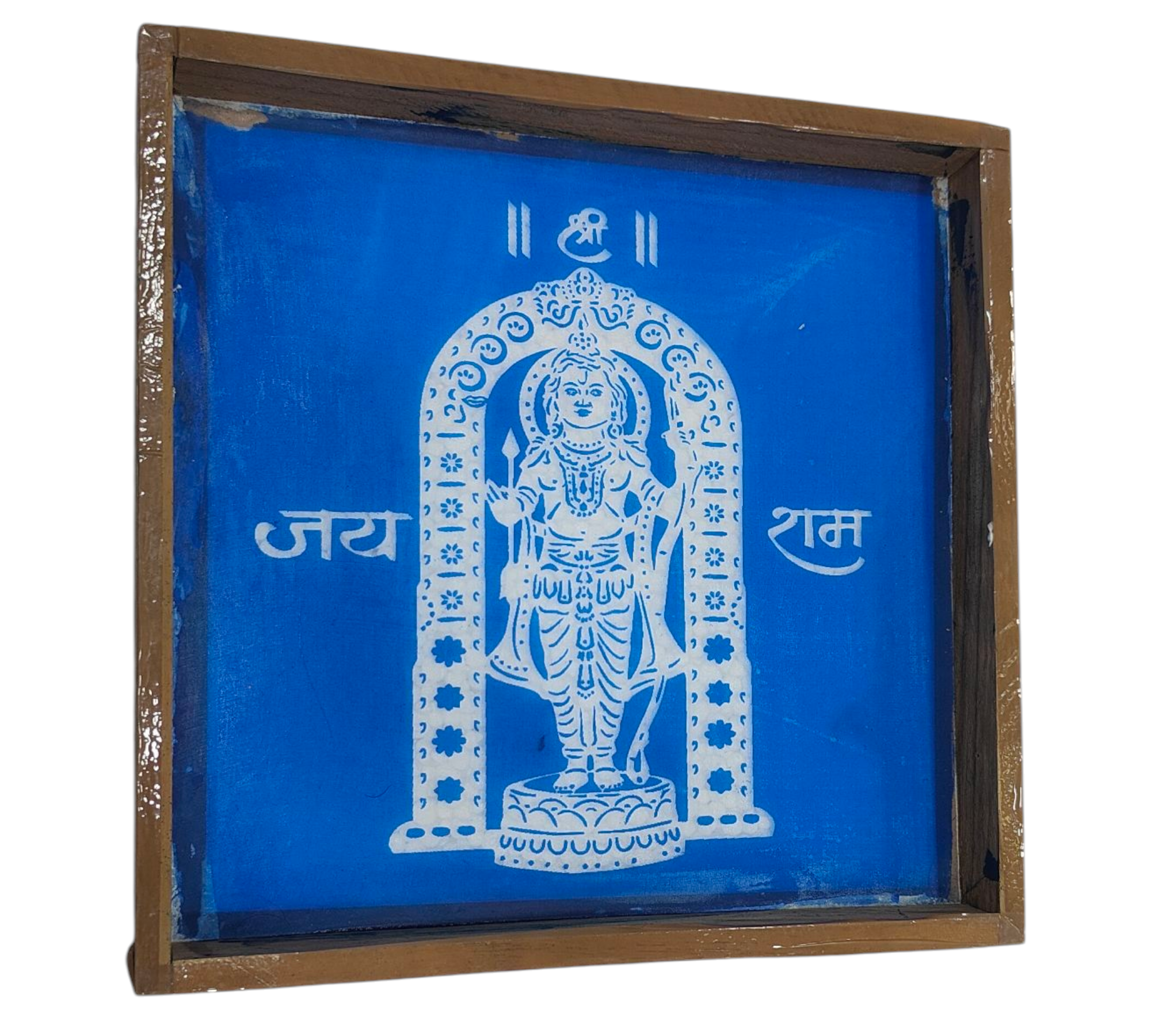 Square Wooden Frame Ayodhya Sri Ram Lalla  Rangoli/Kolam design reusable Stencil – size 7 inches ஸ்ரீ ராம் லல்லா கோலம்
