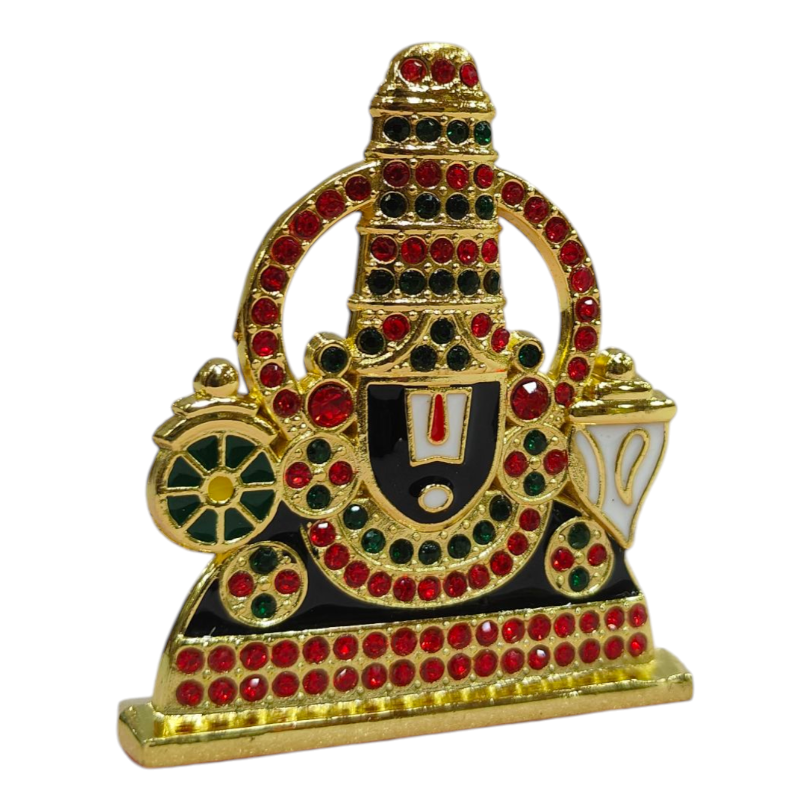 Prabhai Srinivasa Perumal Green & Red Stones Studded with Sankhu and Chakra Car Dashboard Tabletop Stand 2.5 inches