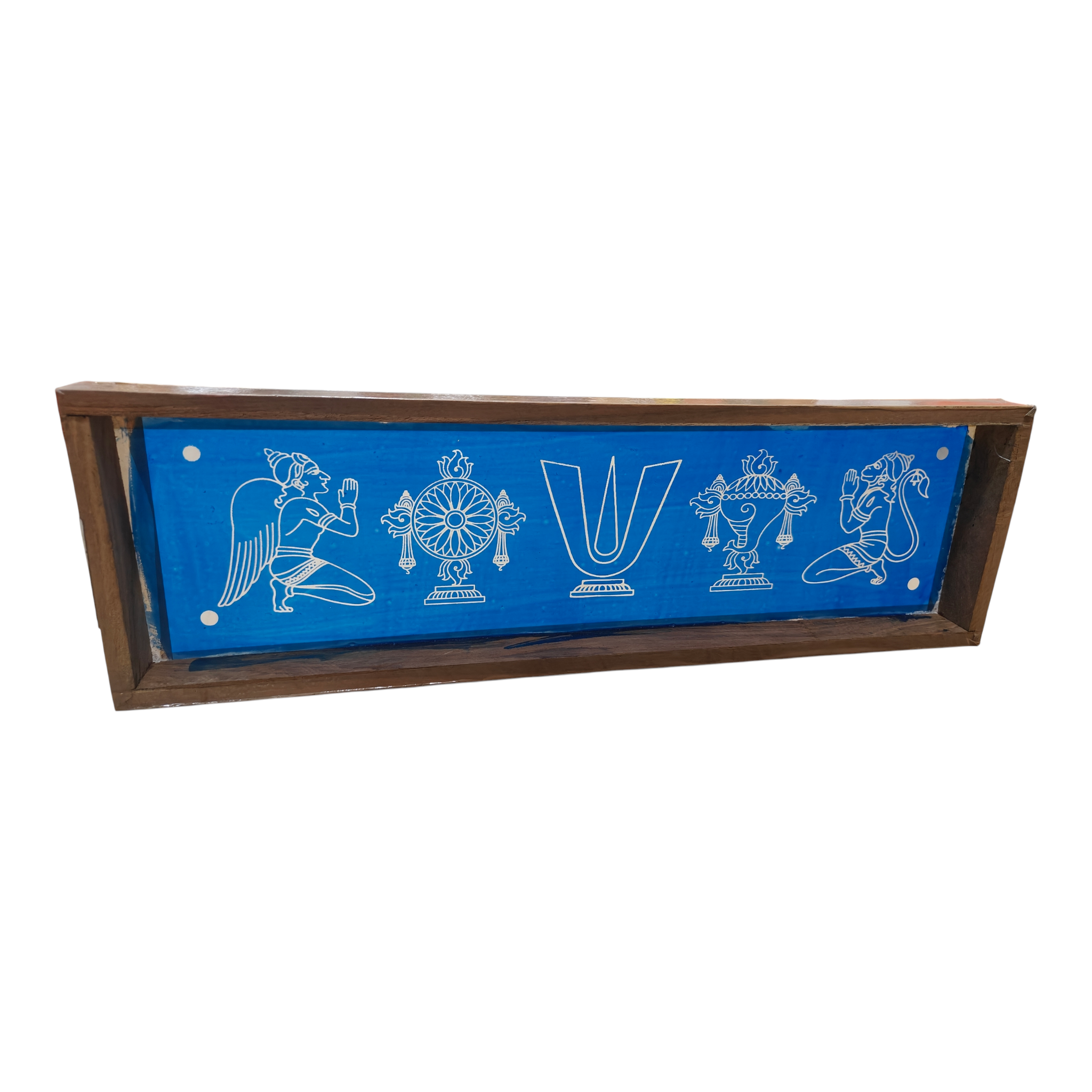 Rectangular Wooden Frame Vadakalai Thirumankappu Shankh & Chakra design Rangoli Stencil – size  17 × 5 inches, வடகலை  நாமம் சங்கு சக்கரம் கோலம்