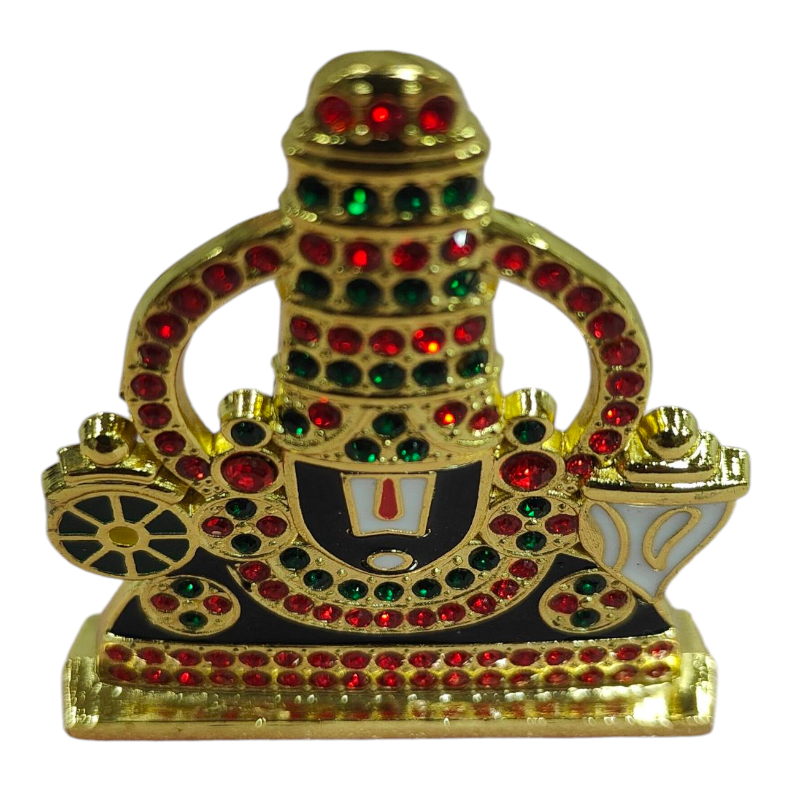 Prabhai Srinivasa Perumal Green & Red Stones Studded with Sankhu and Chakra Car Dashboard Tabletop Stand 2.5 inches