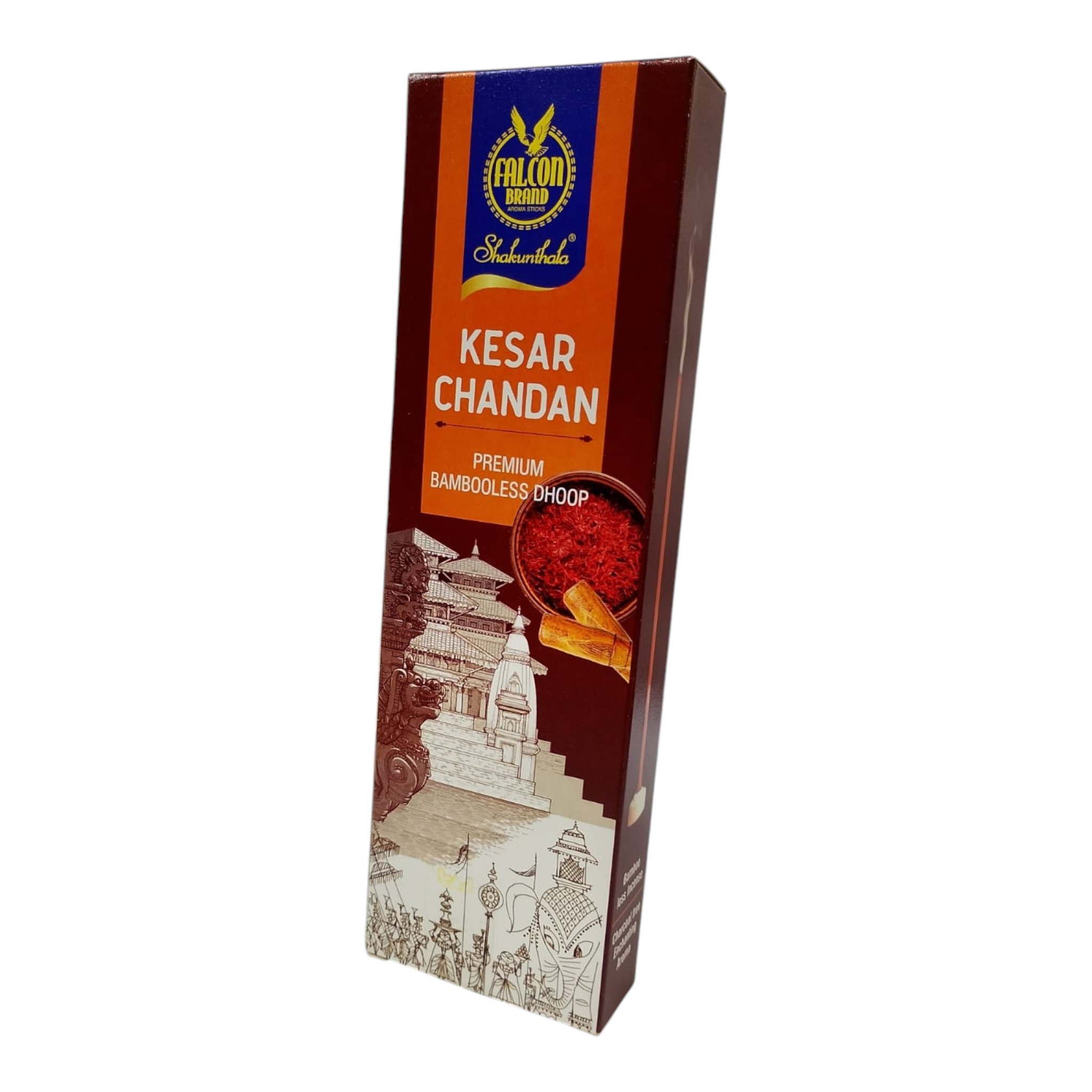 Falcon Brand Kesar Chandan Premium Bambooless Dhoop Sticks - 100% Charcoal Free - Long Lasting Saffron & Sandalwood Fragrance