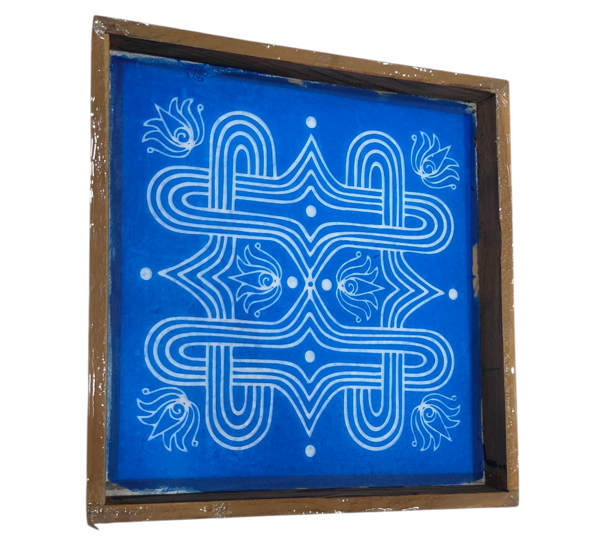Square Wooden Frame Traditional Kambi Izhai Maa Kolam design Rangoli Stencil – size 7 inches மா இழை கோலம்