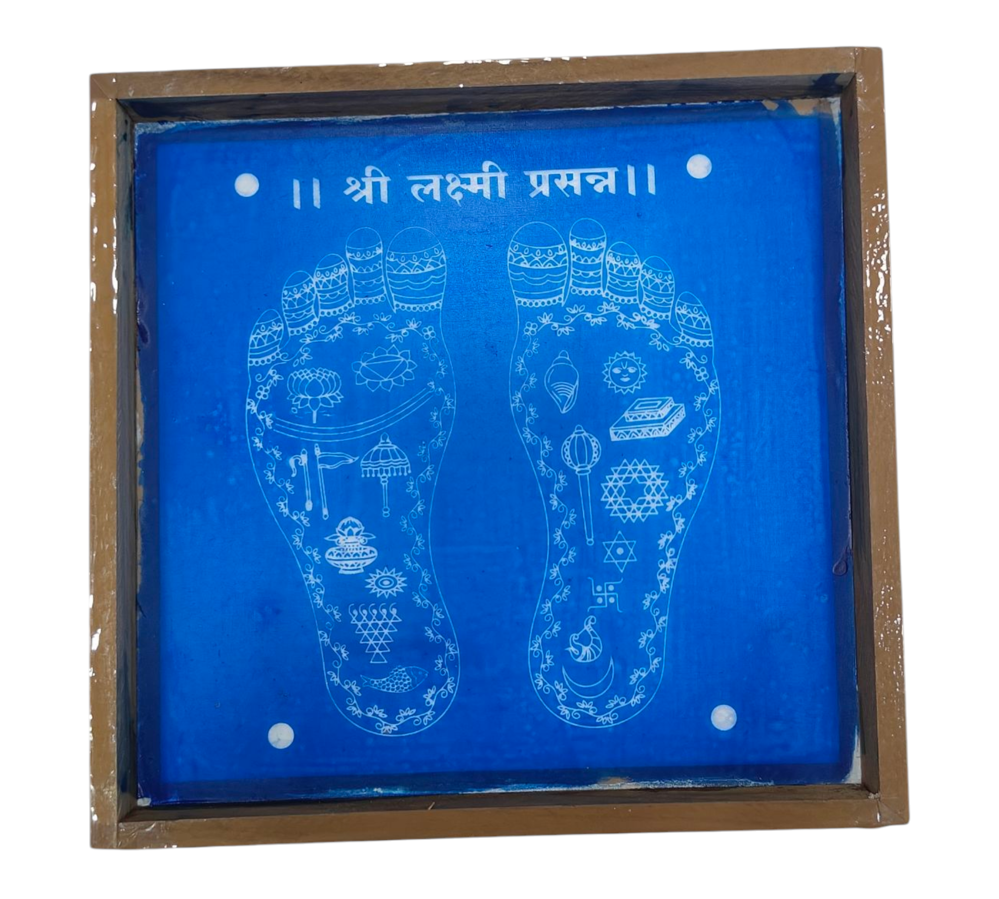 Square Wooden Frame Sri Lakshmi Matha Holy Charan Padhukas design Rangoli/Kolam reusable Stencil – size 7 inches ஸ்ரீ மகாலட்சுமி திருவடி கோலம்