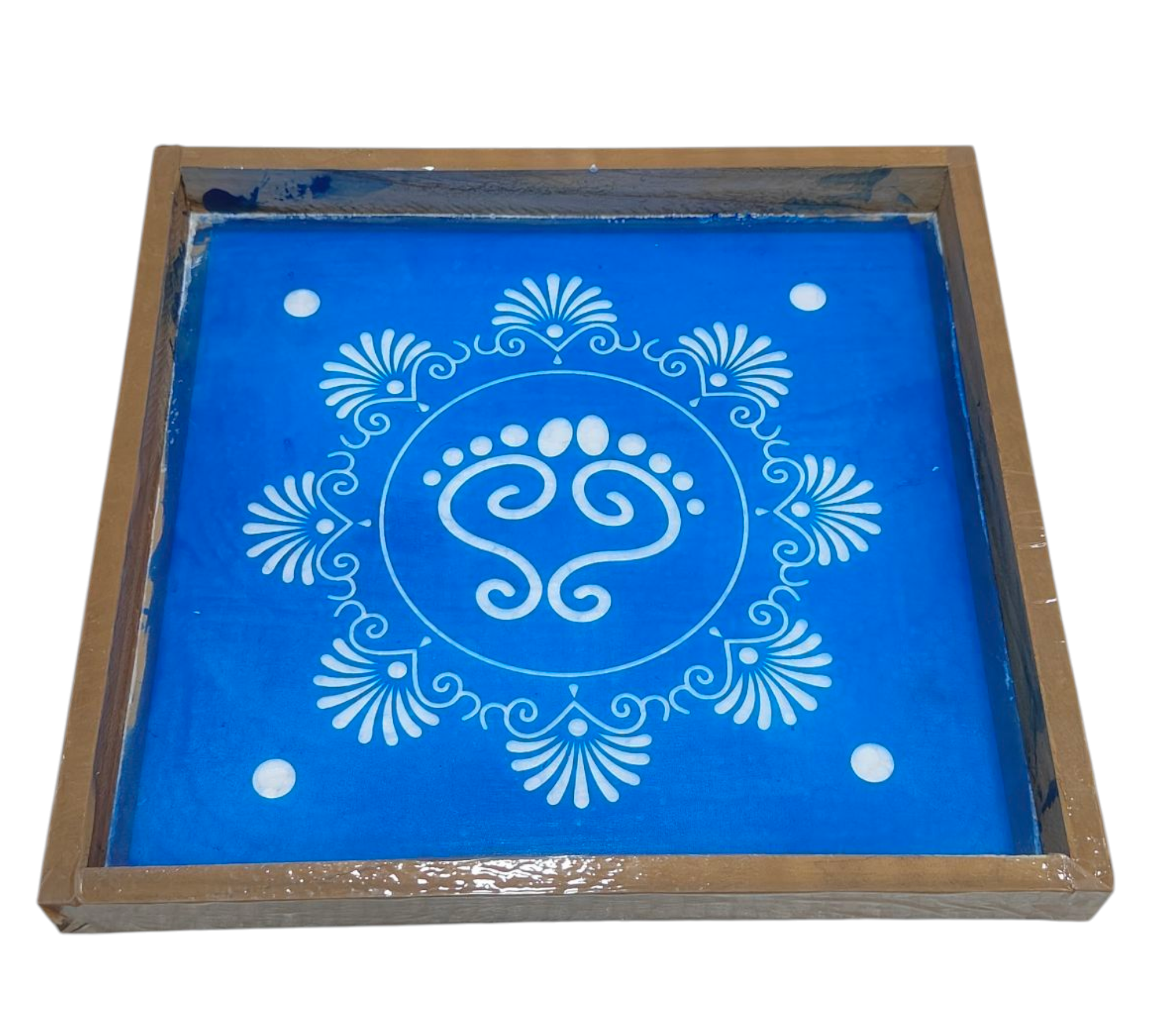 Square Wooden Frame Floral Charan Padhukas design Rangoli/Kolam reusable Stencil – size 7 inches திருவடி கோலம்