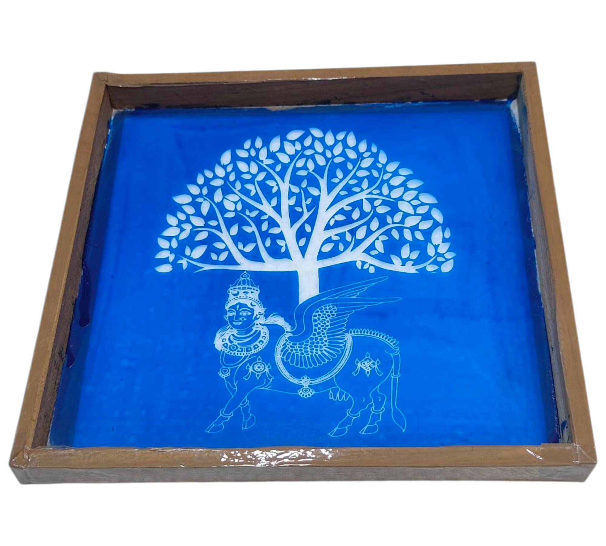 Square Wooden Frame Kamadenu Kalpavruksham design Kolam  Rangoli Stencil – size 7 inches காமதேனு கோமாதா கற்பக மரம் கோலம்