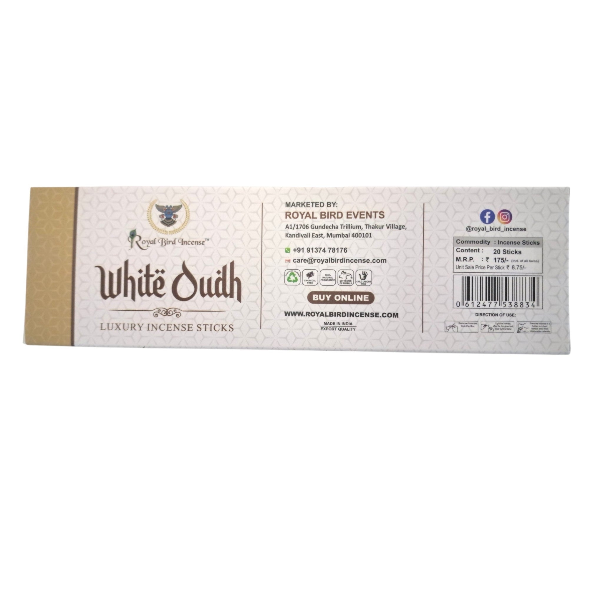 Royal Bird Incense White Oudh Luxury Incense Stick - Long lasting Rich Aroma for spiritual Moments