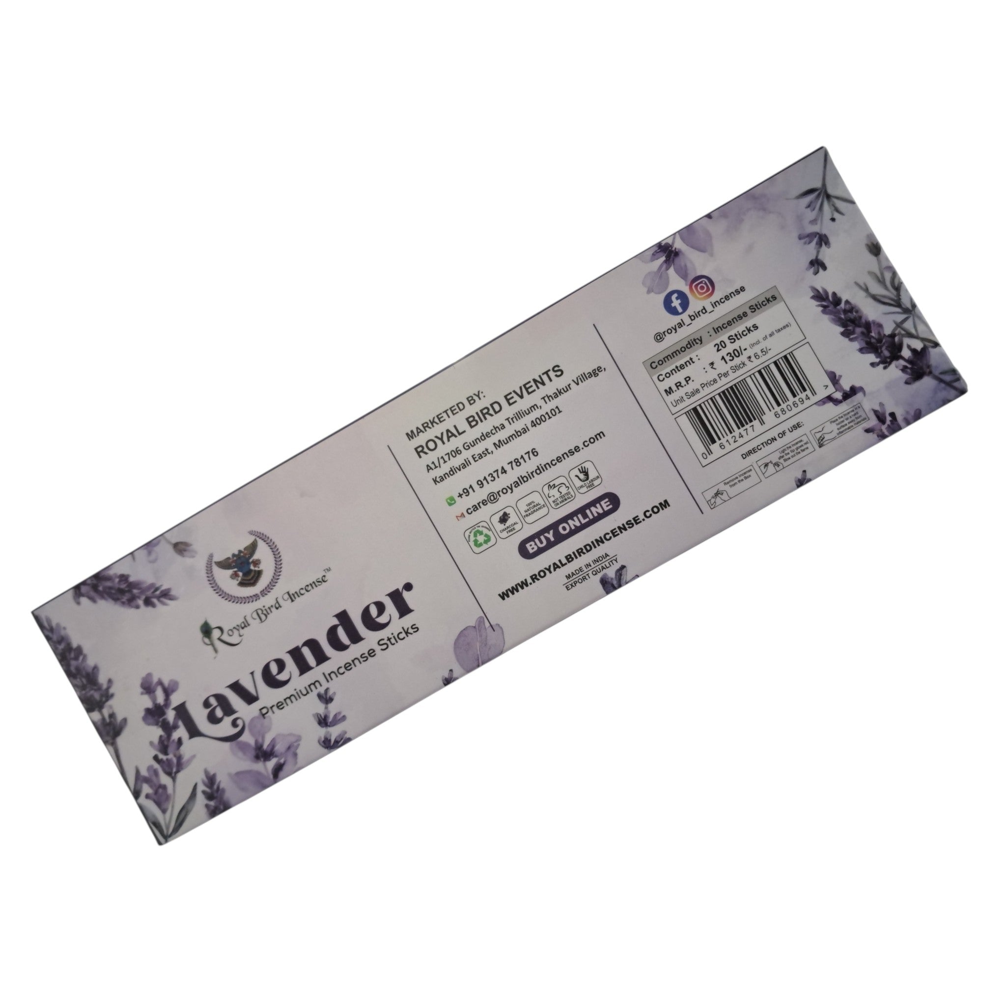Royal Bird Incense Lavender Premium Incense Sticks - Fresh fragrance for Meditation and Yoga