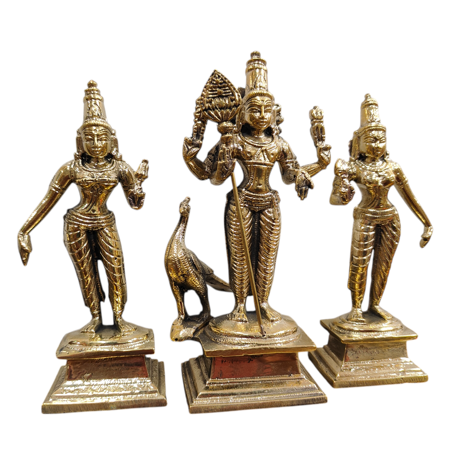 Mayil Murugan Statue with Valli & Deivanai in Brass antique Size 5 Inch for Pooja & Home Temple Worship -  South Indian Masterpiece