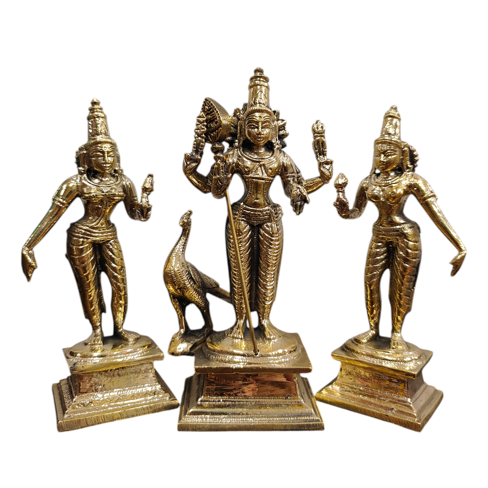 Mayil Murugan Statue with Valli & Deivanai in Brass antique Size 5 Inch for Pooja & Home Temple Worship -  South Indian Masterpiece