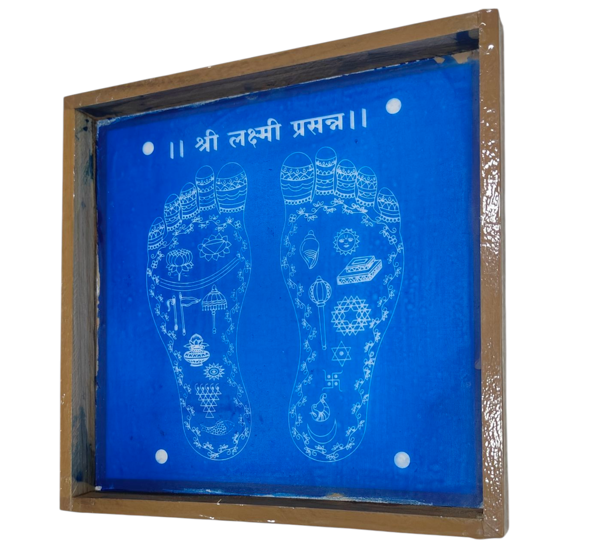 Square Wooden Frame Sri Lakshmi Matha Holy Charan Padhukas design Rangoli/Kolam reusable Stencil – size 7 inches ஸ்ரீ மகாலட்சுமி திருவடி கோலம்