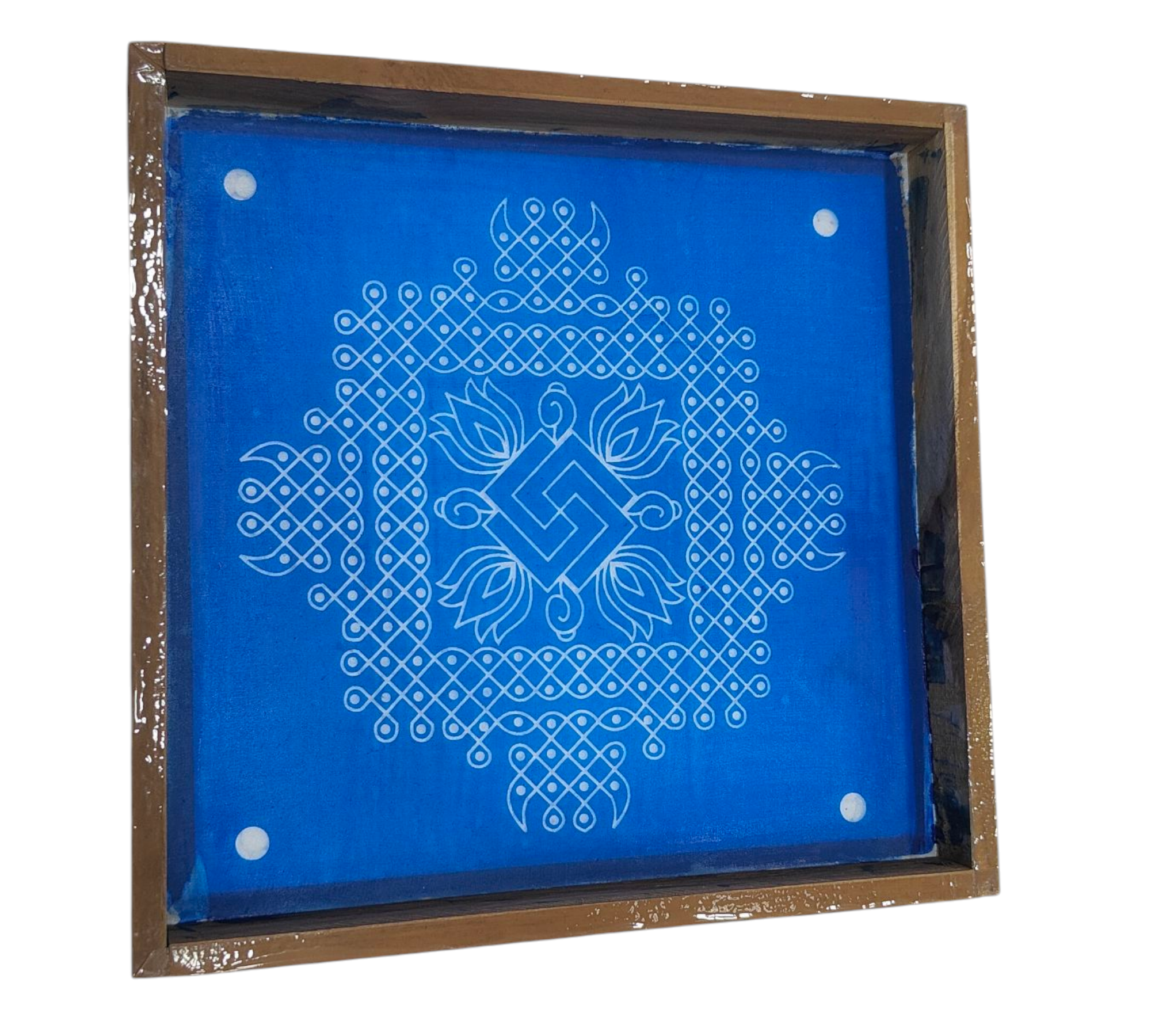 Square Wooden Frame Temple Design Suzhi Pattern Rangoli/Kolam design reusable Stencil – size 7 inches சுழி கோலம்