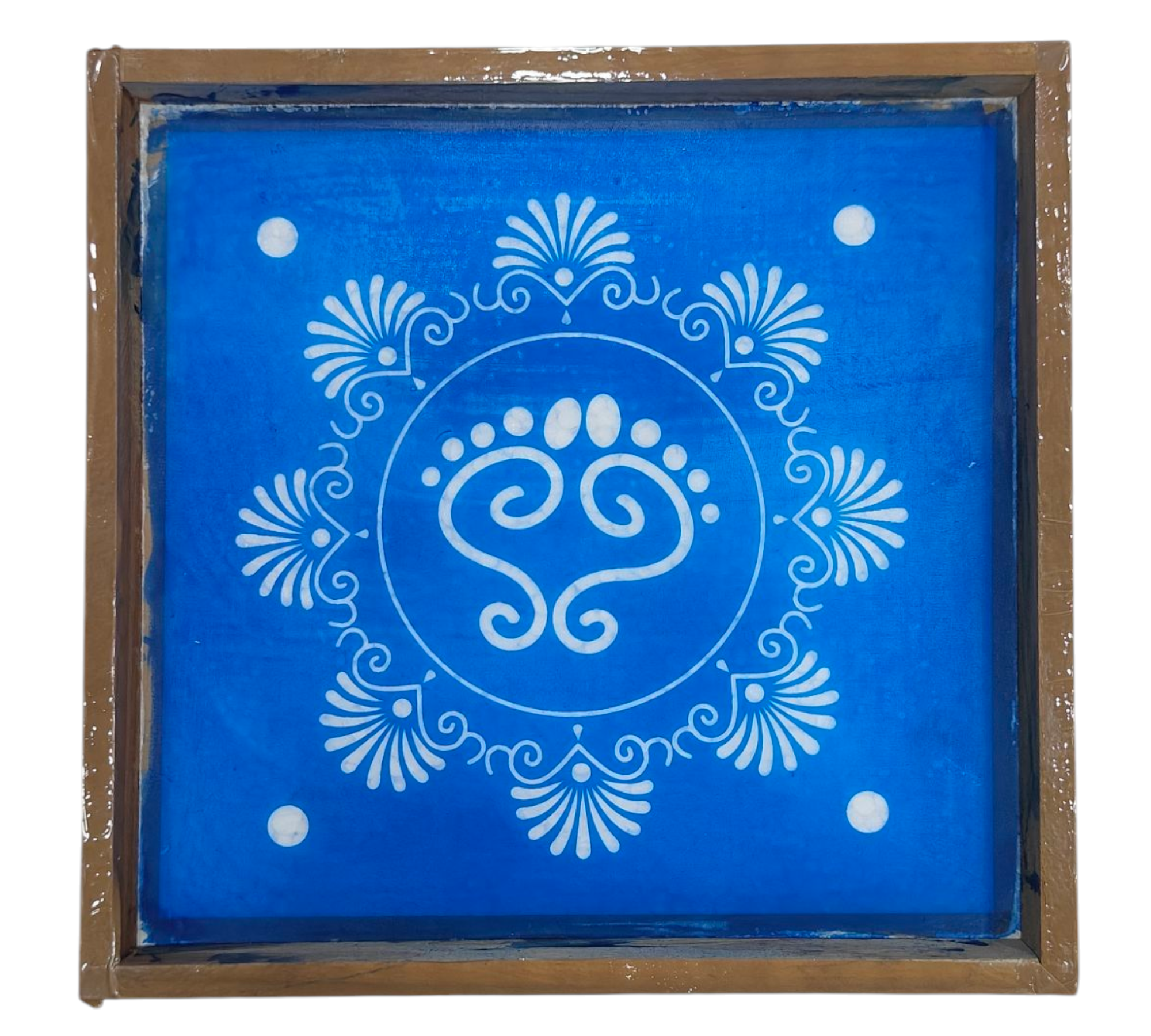 Square Wooden Frame Floral Charan Padhukas design Rangoli/Kolam reusable Stencil – size 7 inches திருவடி கோலம்