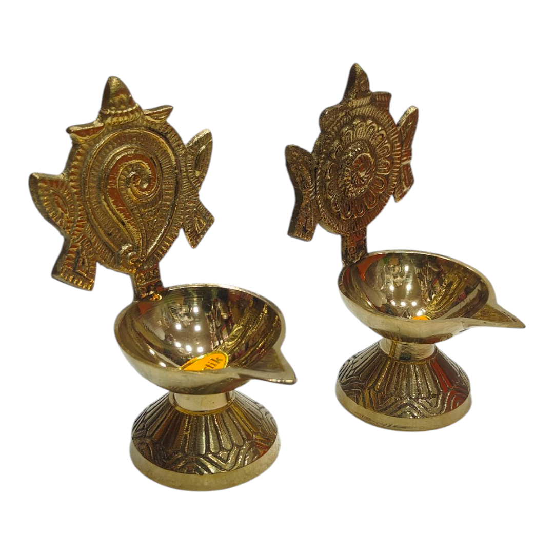 Sanghu Chakra Oval Deep Brass Deepak set size 4.8 inches - Pooja Worship & Excellant Wedding Gift-
