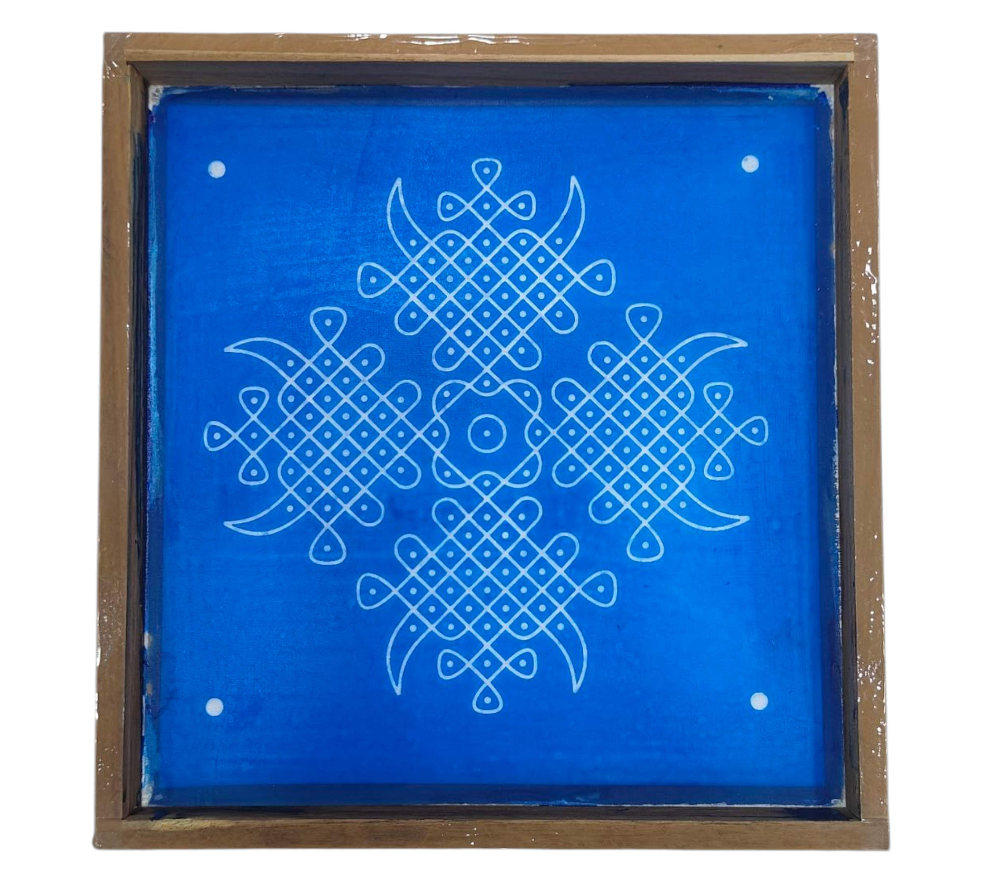 Square Wooden Frame traditional 4 sides Suzhi Kolam Pattern Rangoli/Kolam design reusable Stencil – size 7 inches சுழி கோலம்