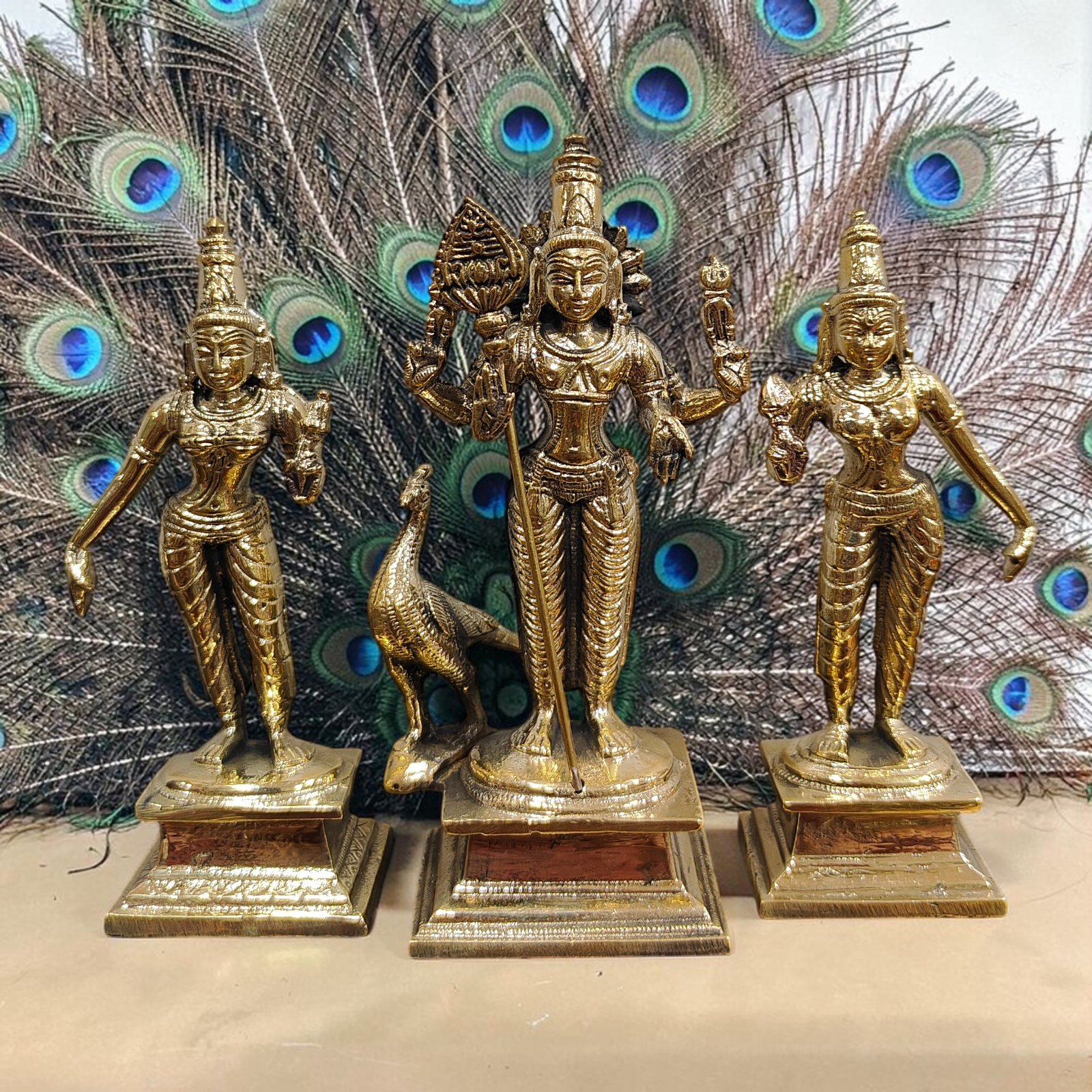 Mayil Murugan Statue with Valli & Deivanai in Brass antique Size 5 Inch for Pooja & Home Temple Worship -  South Indian Masterpiece