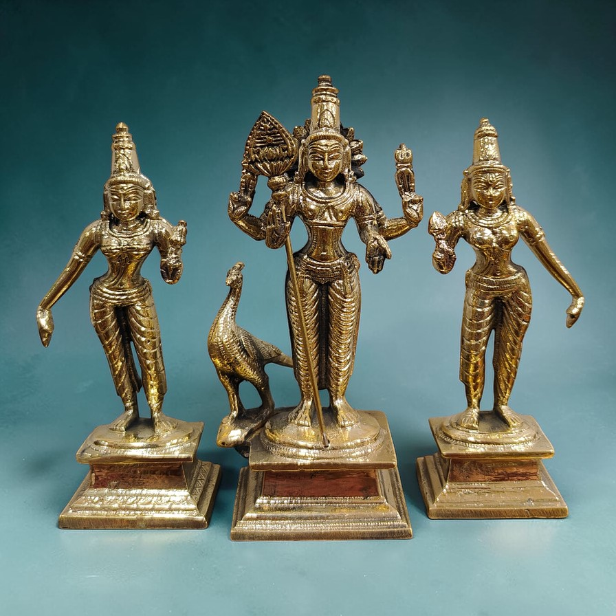 Mayil Murugan Statue with Valli & Deivanai in Brass antique Size 5 Inch for Pooja & Home Temple Worship -  South Indian Masterpiece
