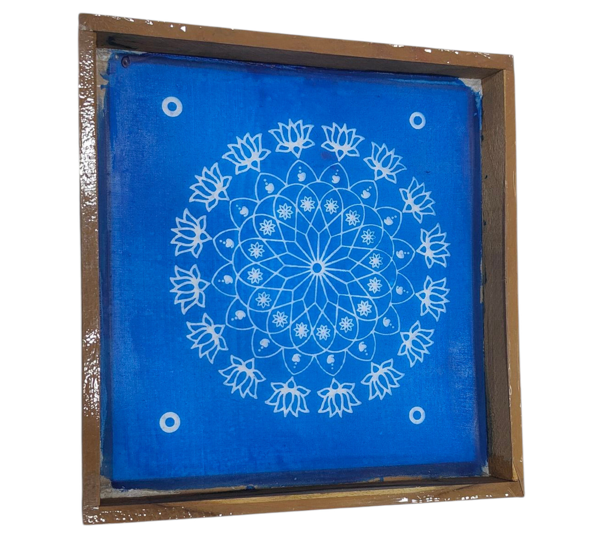 Square Wooden Frame Lotus round Pattern Rangoli/Kolam design reusable Stencil – size 10 inches