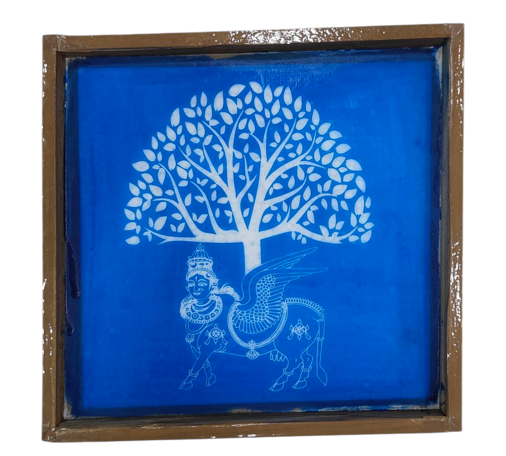 Square Wooden Frame Kamadenu Kalpavruksham design Kolam  Rangoli Stencil – size 7 inches காமதேனு கோமாதா கற்பக மரம் கோலம்