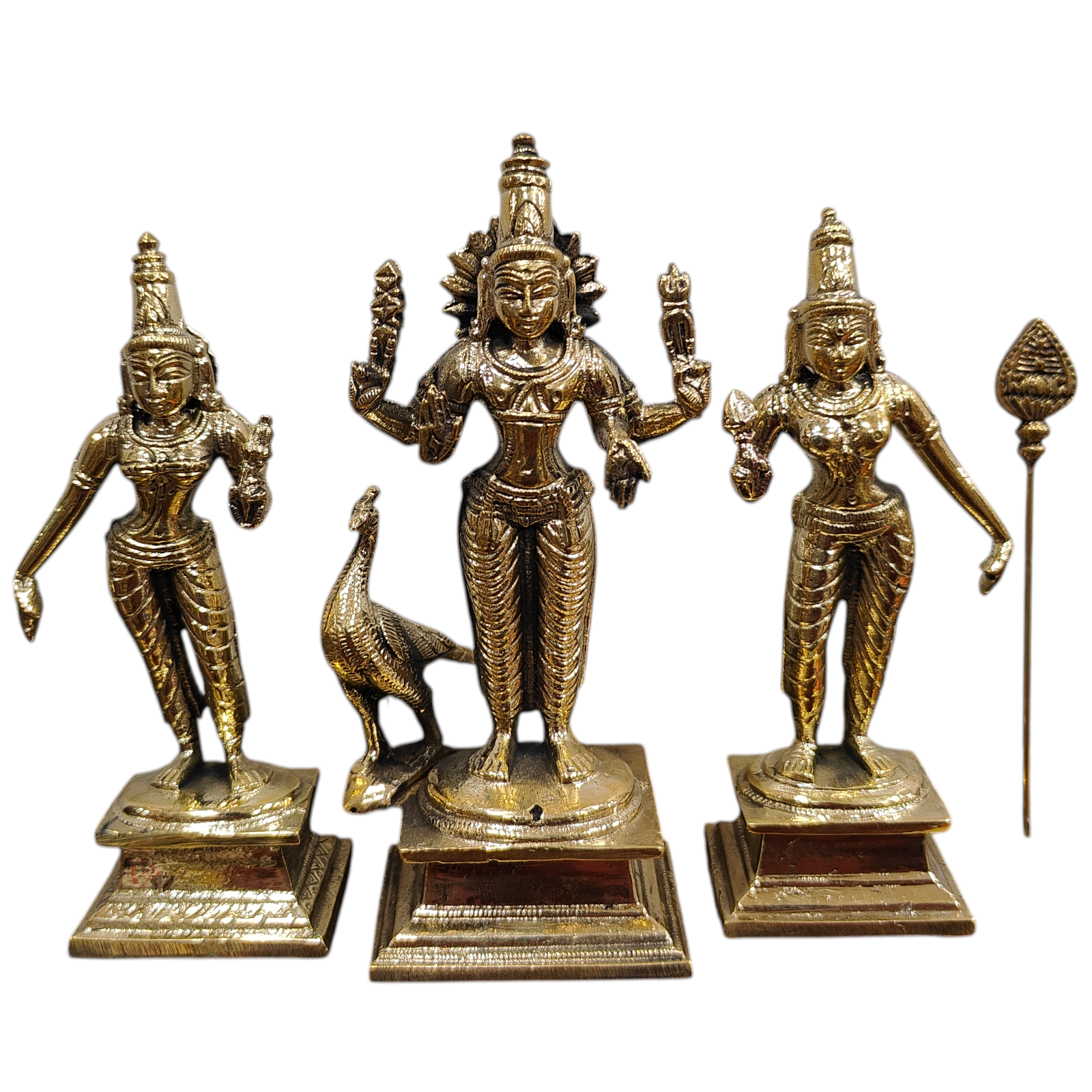 Mayil Murugan Statue with Valli & Deivanai in Brass antique Size 5 Inch for Pooja & Home Temple Worship -  South Indian Masterpiece