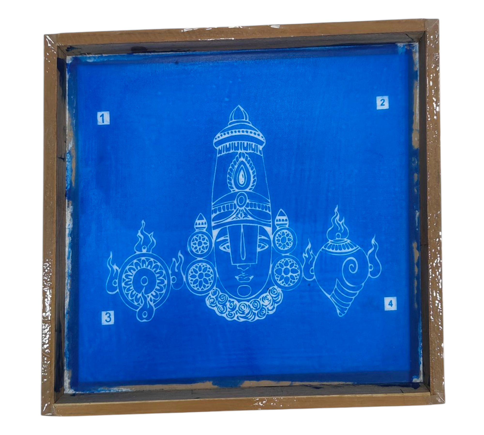 Square Wooden Frame Tirupathi Srinivasar Perumal Face with Shanku & Chakra Rangoli/Kolam design reusable Stencil – size 7 inches