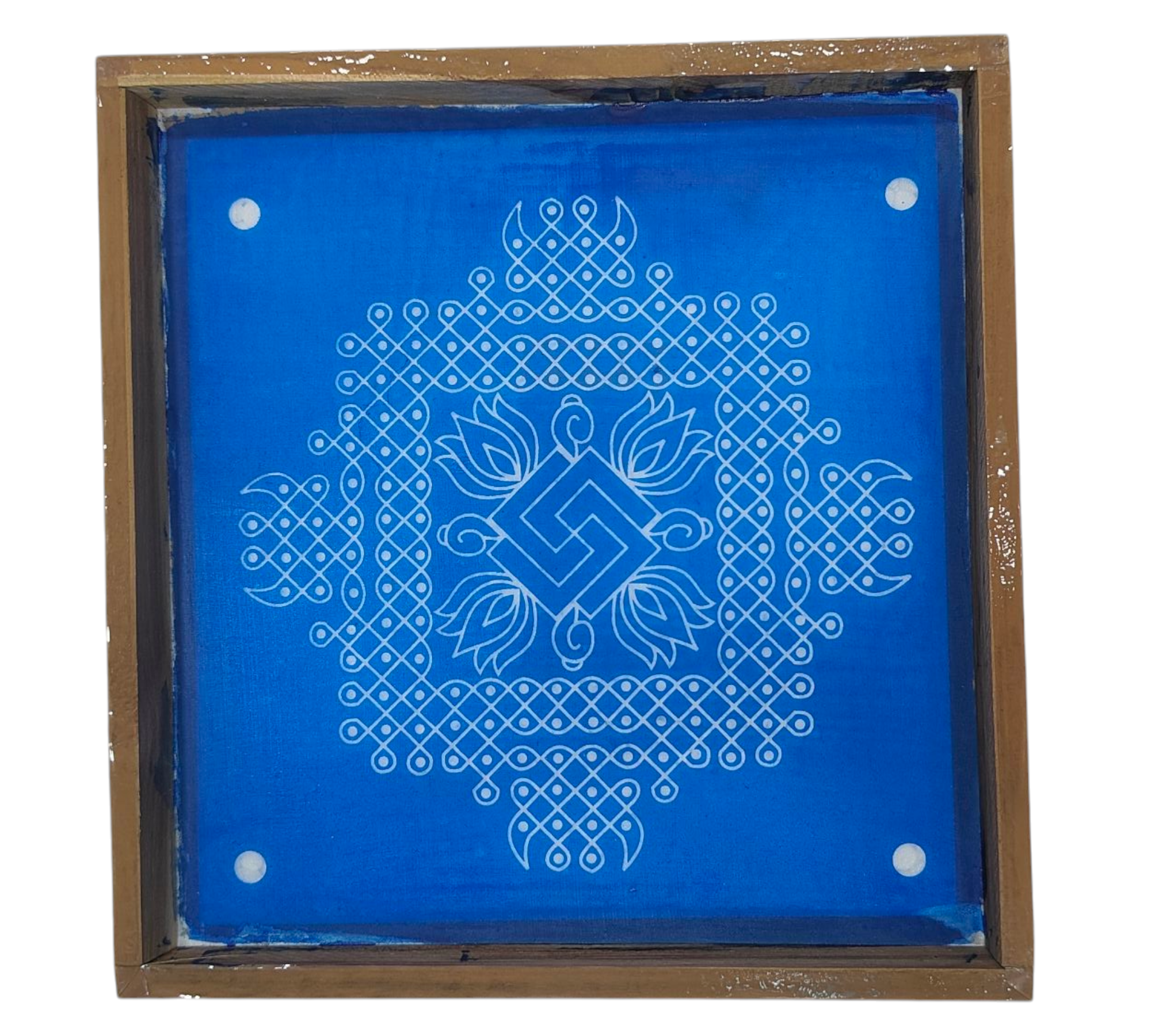 Square Wooden Frame Temple Design Suzhi Pattern Rangoli/Kolam design reusable Stencil – size 7 inches சுழி கோலம்