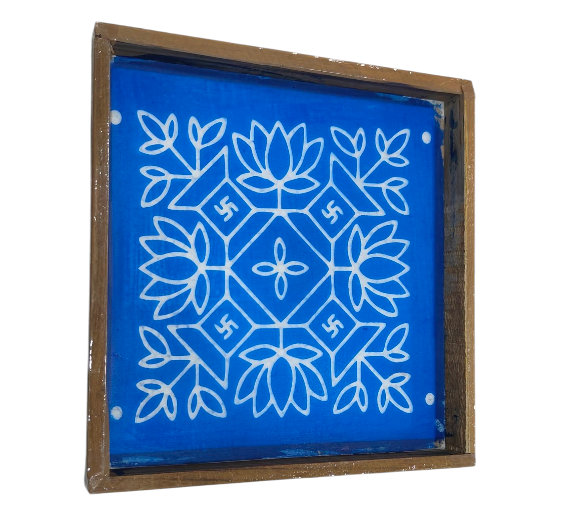 Square Wooden Frame Kamal Thulsi Pot Pattern Rangoli/Kolam design reusable Stencil – size 7 inches துளசி தாமரை கோலம்