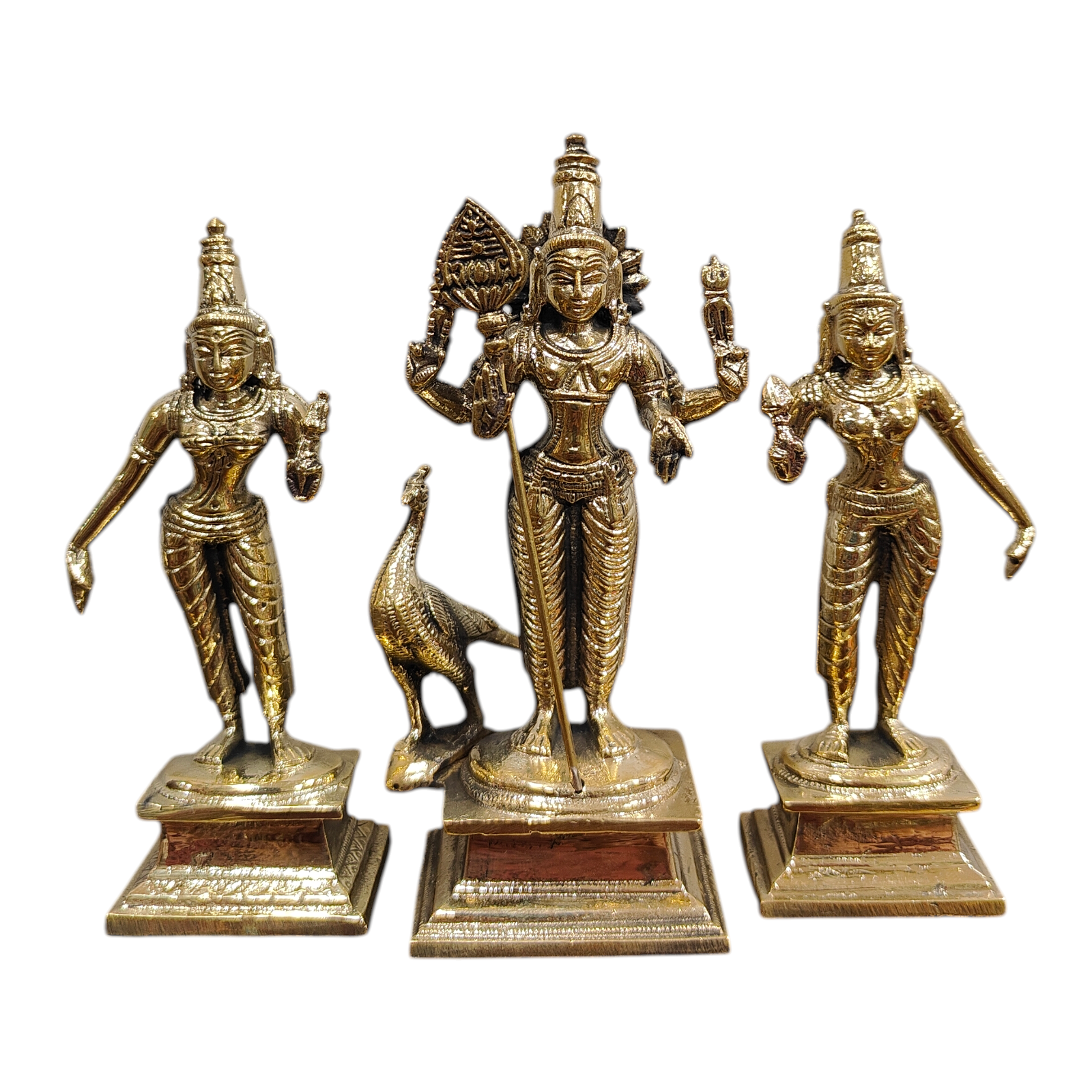 Mayil Murugan Statue with Valli & Deivanai in Brass antique Size 5 Inch for Pooja & Home Temple Worship -  South Indian Masterpiece