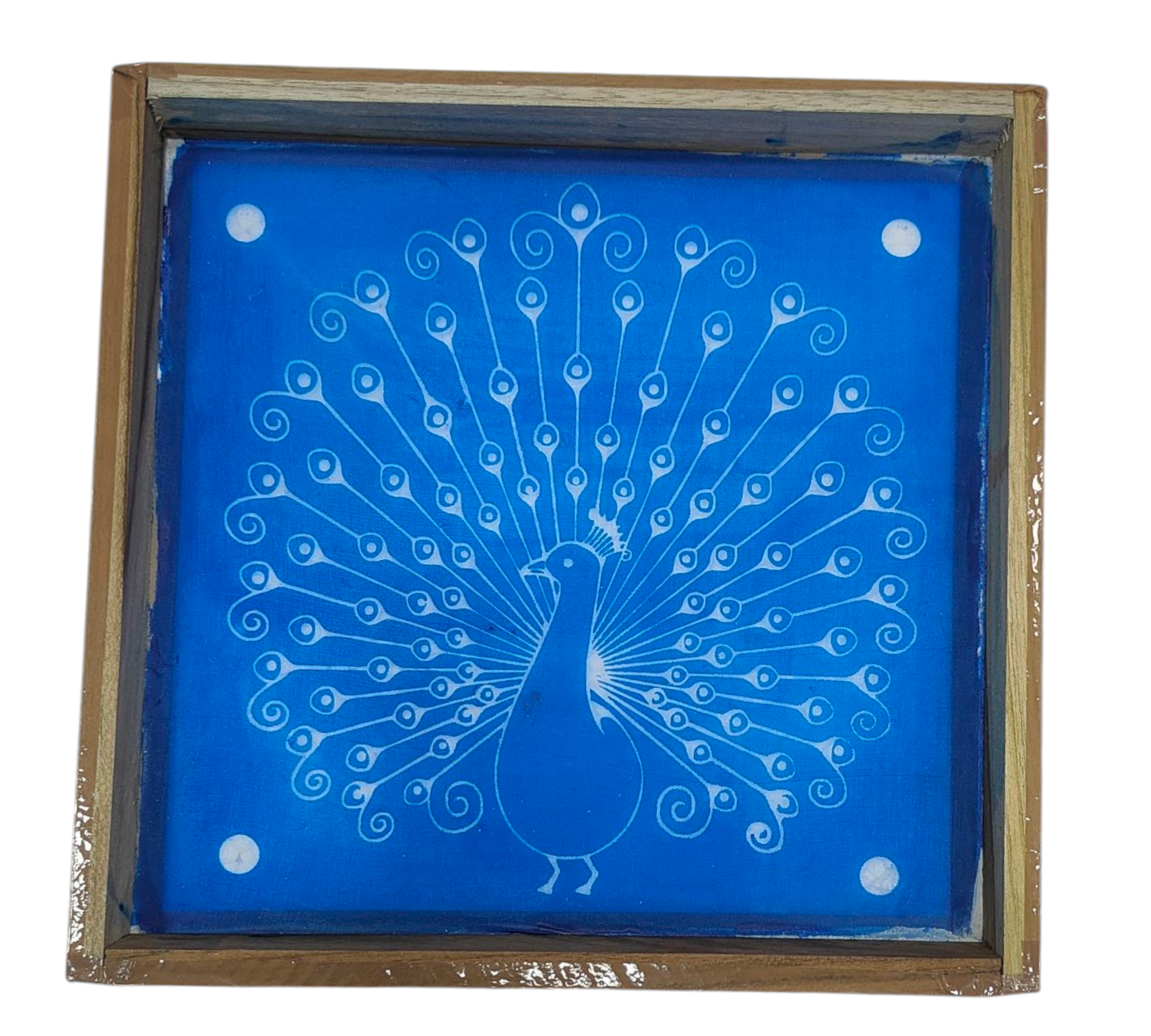 Square Wooden Frame Peacock Rangoli/Kolam design reusable Stencil – size 7 inches மயில் கோலம்
