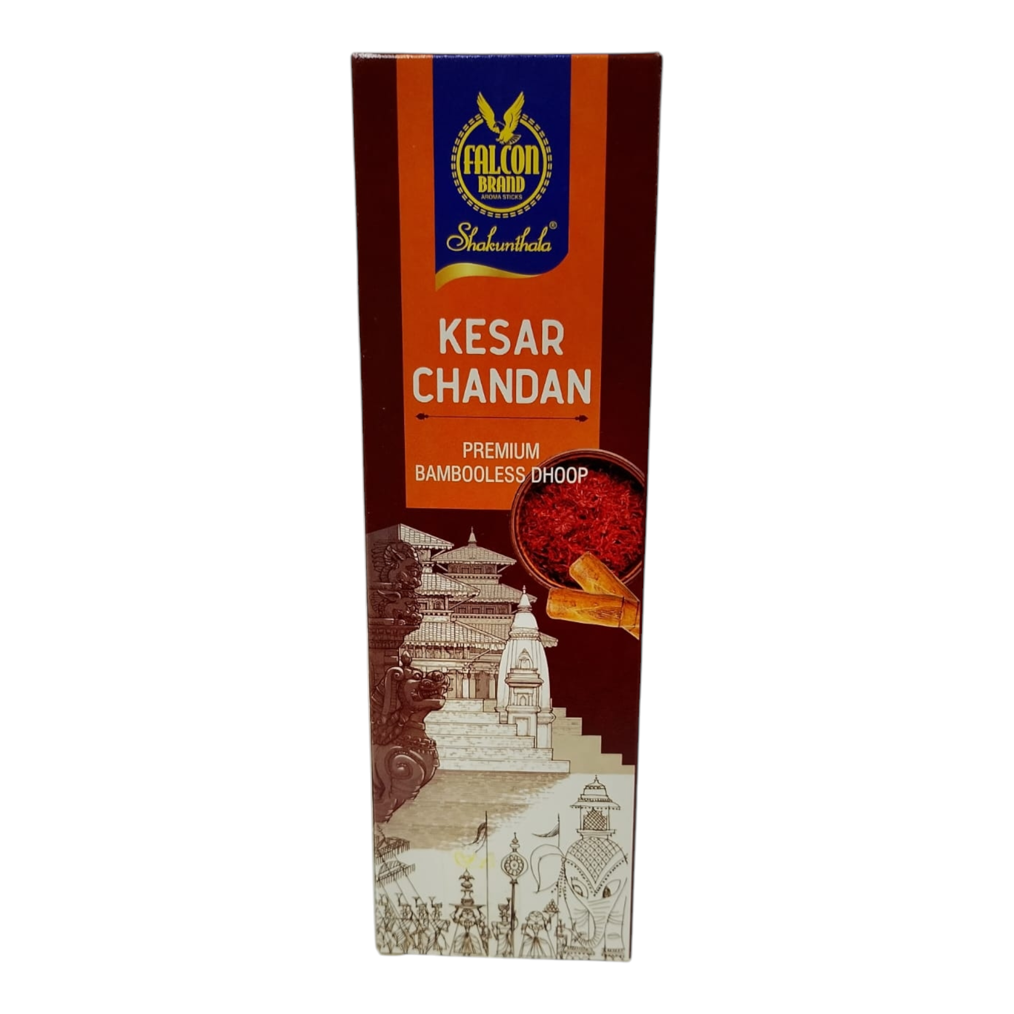 Falcon Brand Kesar Chandan Premium Bambooless Dhoop Sticks - 100% Charcoal Free - Long Lasting Saffron & Sandalwood Fragrance