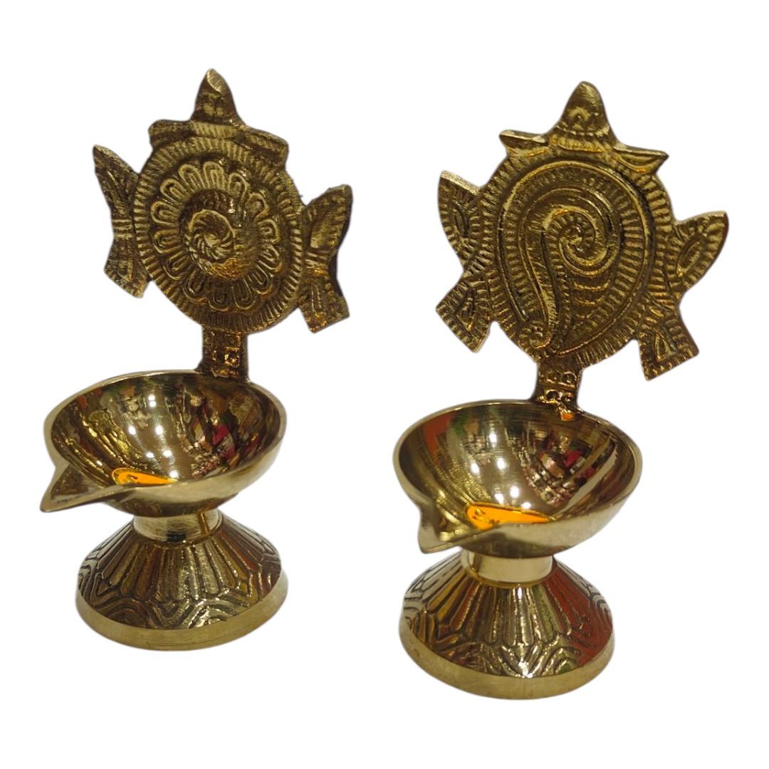Sanghu Chakra Oval Deep Brass Deepak set size 4.8 inches - Pooja Worship & Excellant Wedding Gift-