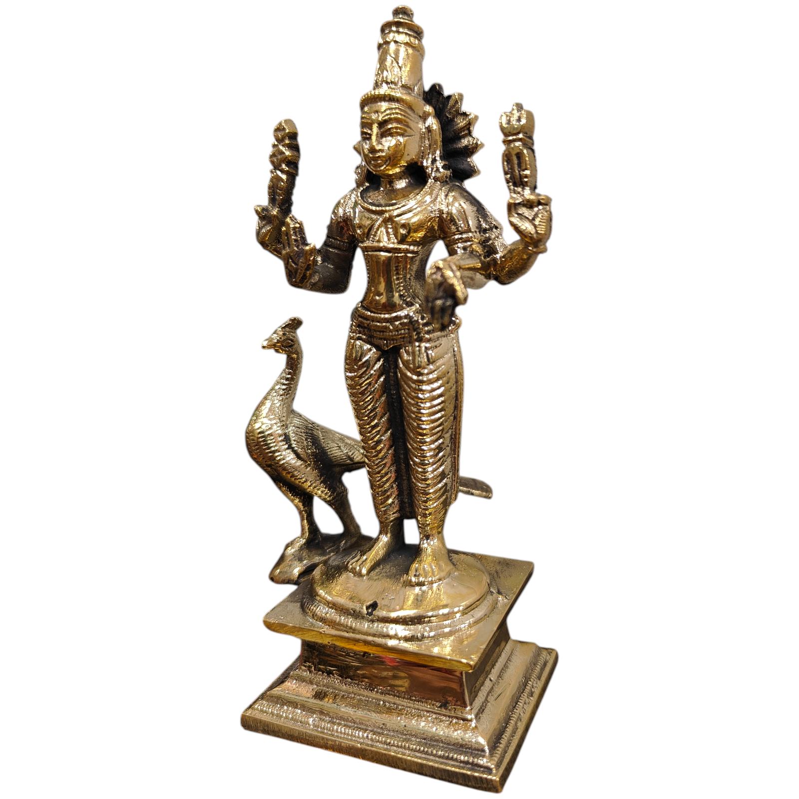 Mayil Murugan Statue with Valli & Deivanai in Brass antique Size 5 Inch for Pooja & Home Temple Worship -  South Indian Masterpiece