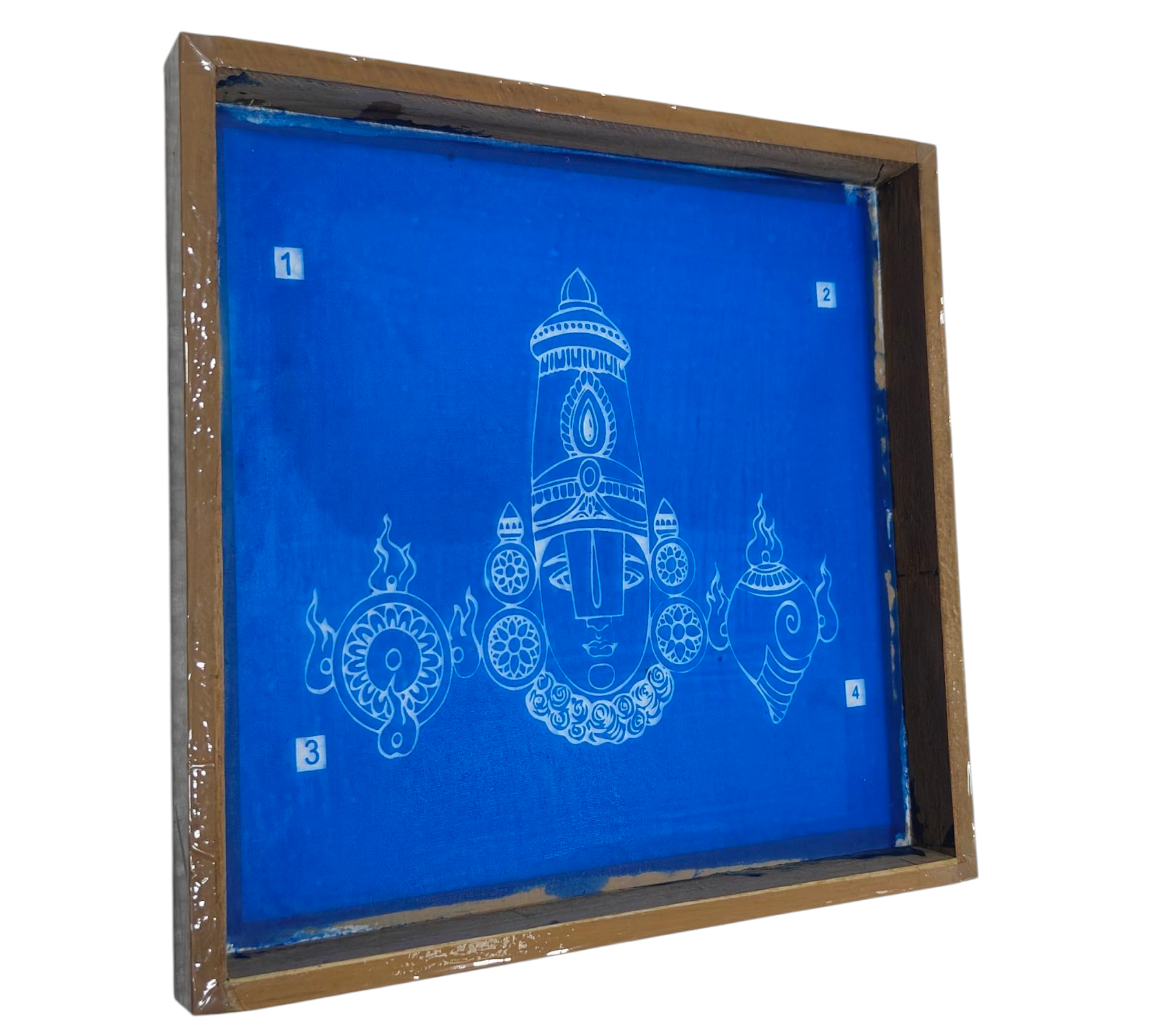 Square Wooden Frame Tirupathi Srinivasar Perumal Face with Shanku & Chakra Rangoli/Kolam design reusable Stencil – size 7 inches