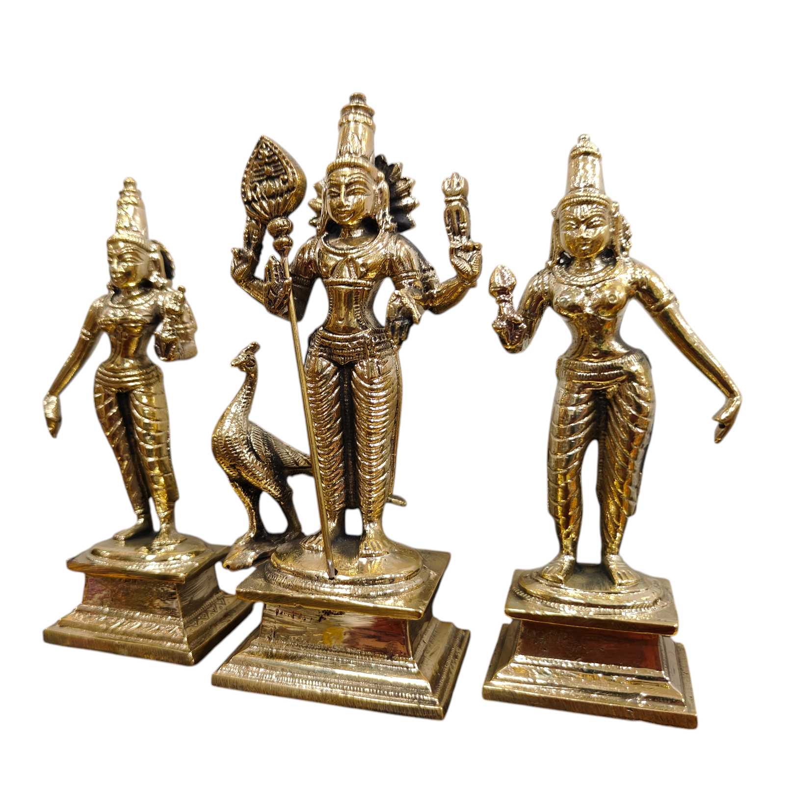 Mayil Murugan Statue with Valli & Deivanai in Brass antique Size 5 Inch for Pooja & Home Temple Worship -  South Indian Masterpiece