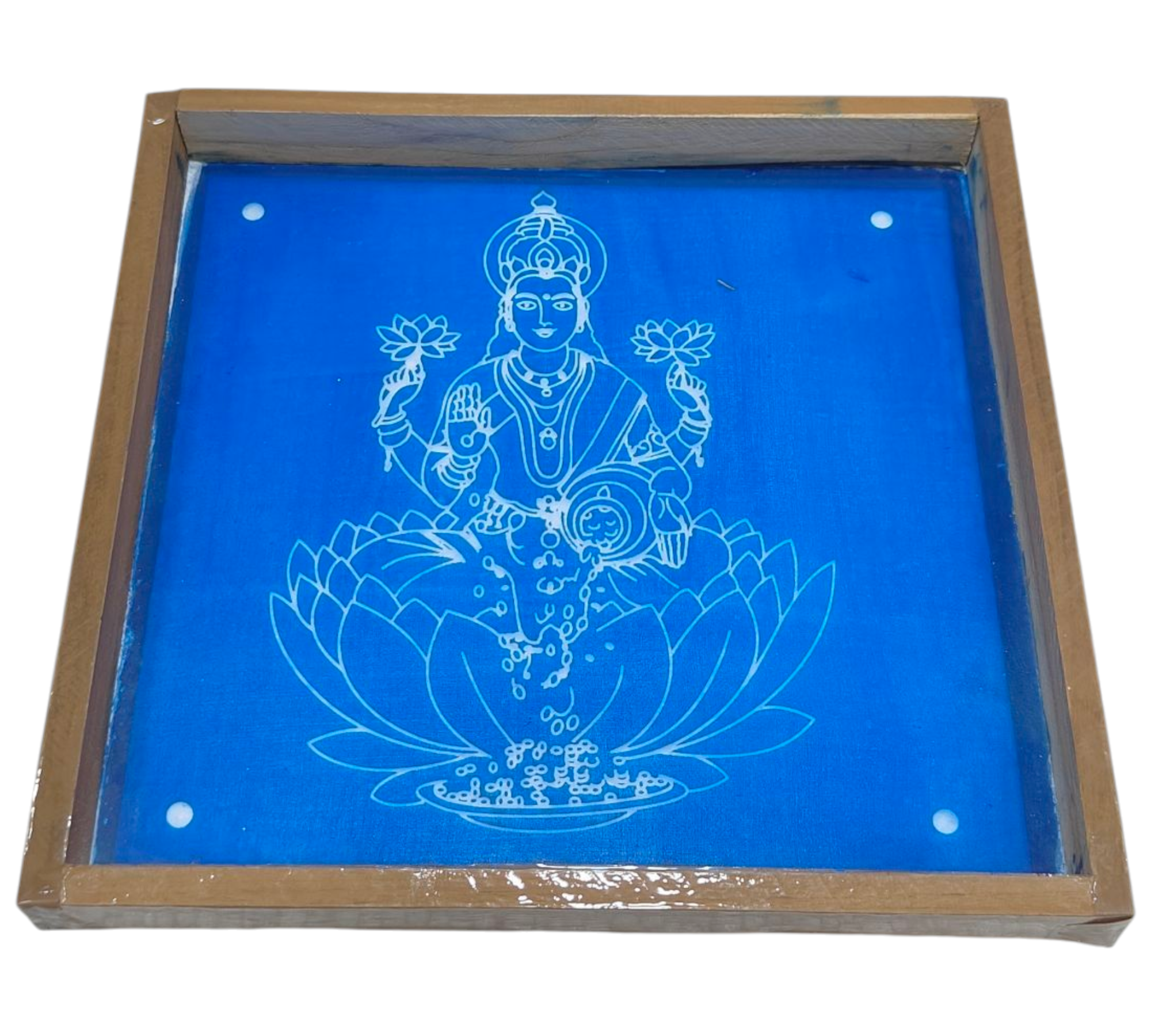 Square Wooden Frame Sri Mahalakshmi on Lotus Pedestal Rangoli/Kolam design reusable Stencil – size 7 inches