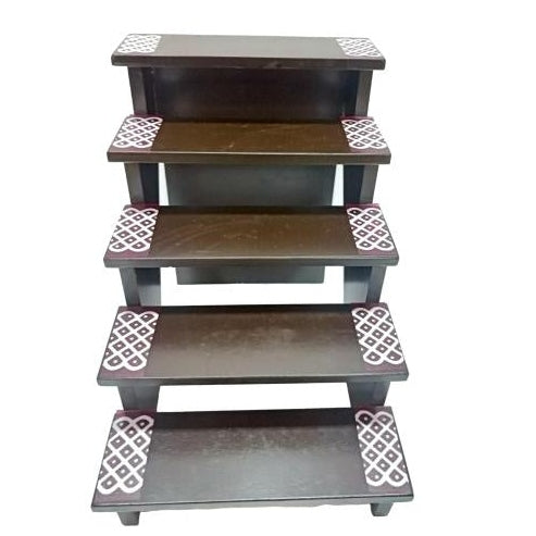 Wooden 5 Steps Deity Stand with Pair Deepak Stand Black Finish Kolam Decorative Villaku Padi Set size 11 & 12 inch